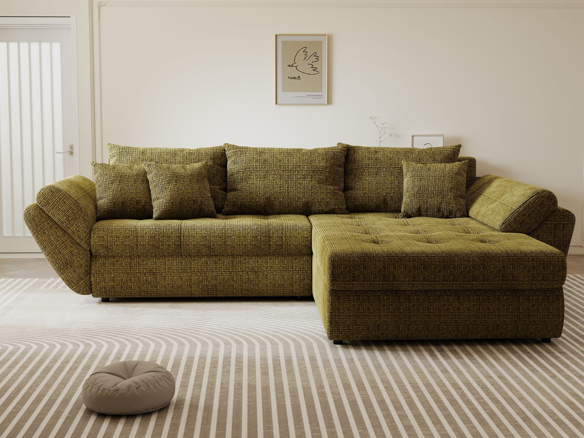 Colțar extensibil dumonde cu ladă de depozitare si sezut confortabil din spuma high-density, Loana Cremona Olive II 270x185 cm