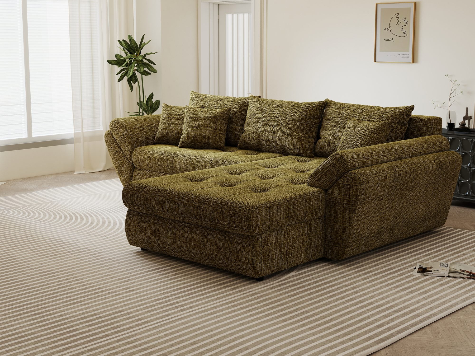 Colțar extensibil dumonde cu ladă de depozitare si sezut confortabil din spuma high-density, Loana Cremona Olive II 270x185 cm
