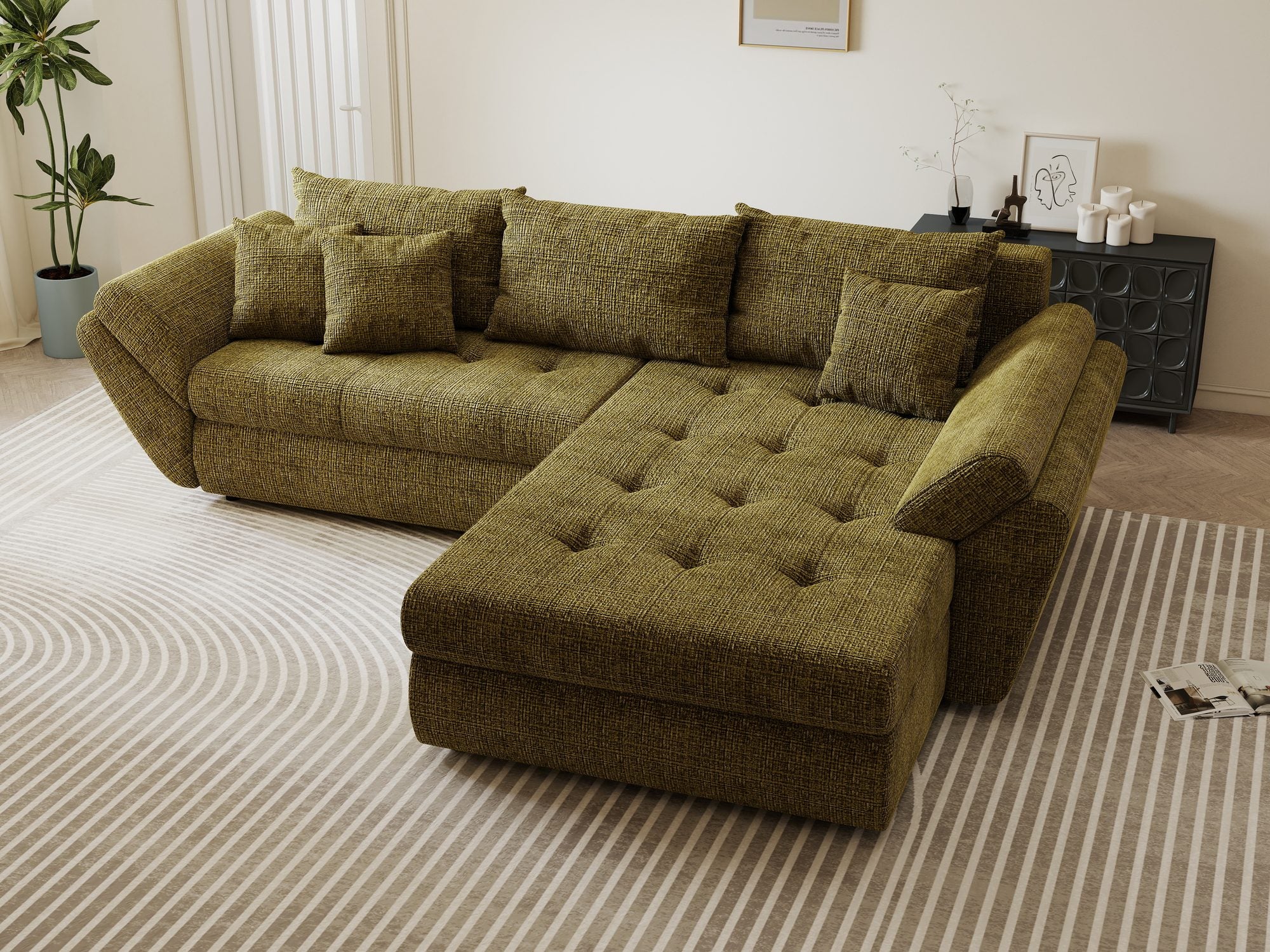Colțar extensibil dumonde cu ladă de depozitare si sezut confortabil din spuma high-density, Loana Cremona Olive II 270x185 cm