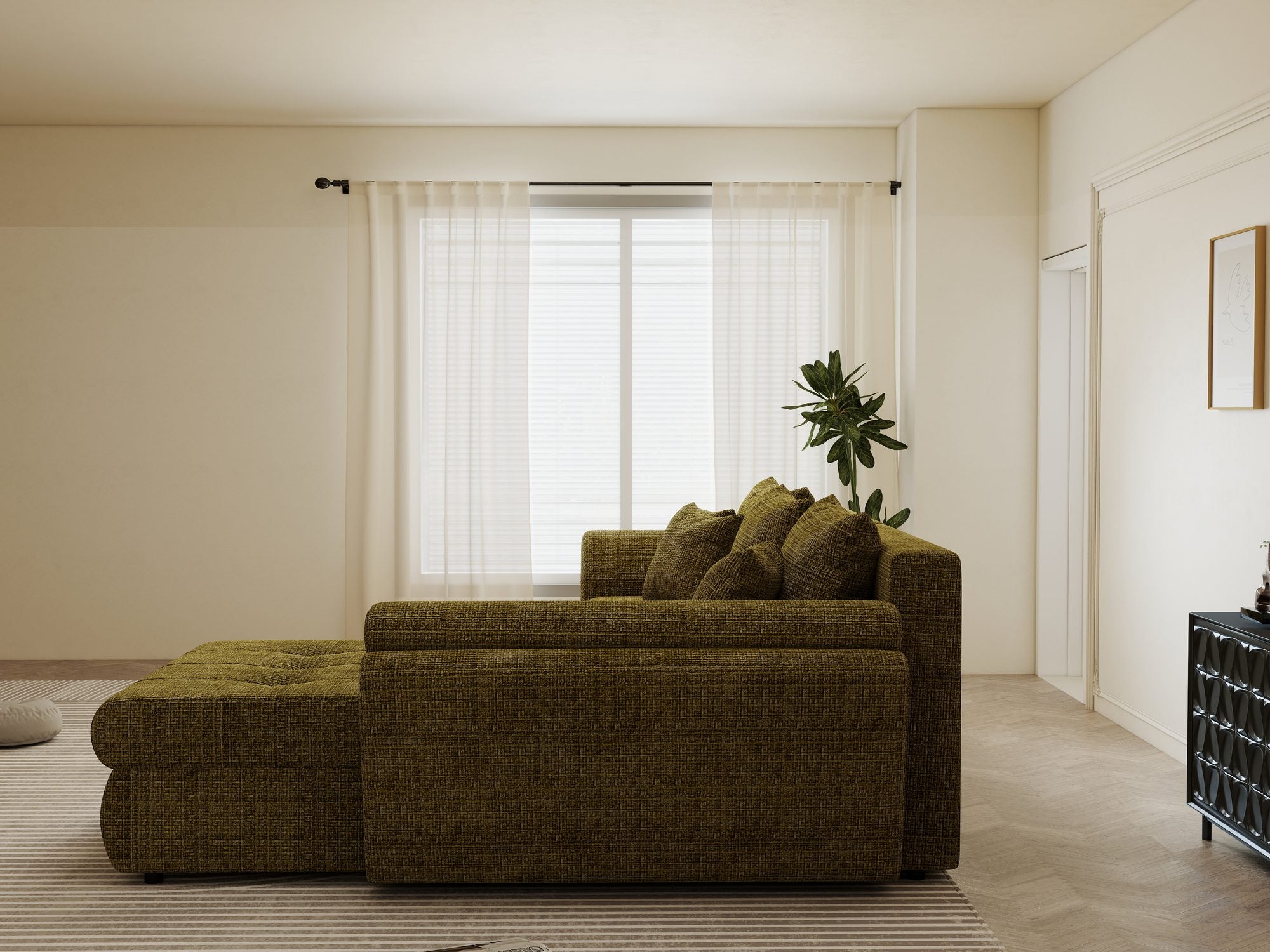 Colțar extensibil dumonde cu ladă de depozitare si sezut confortabil din spuma high-density, Loana Cremona Olive II 270x185 cm