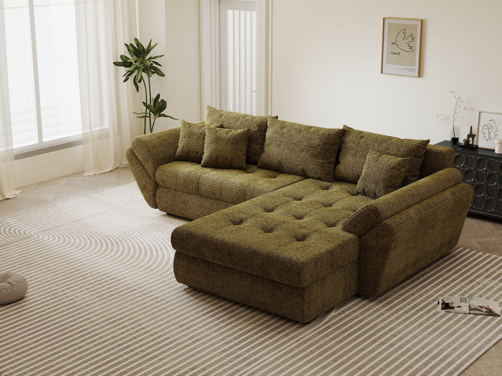 Colțar extensibil dumonde cu ladă de depozitare si sezut confortabil din spuma high-density, Loana Cremona Olive II 270x185 cm