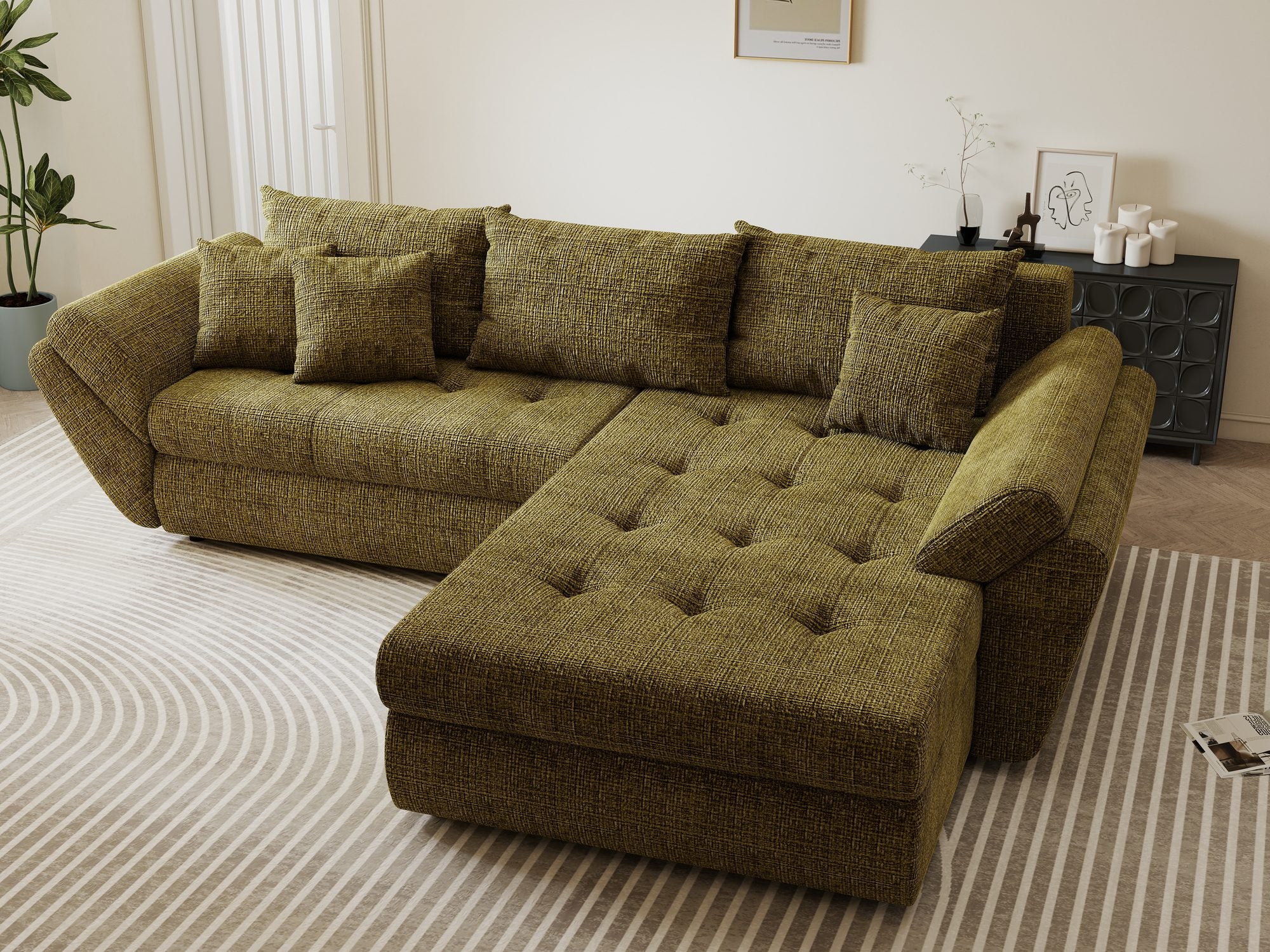 Colțar extensibil dumonde cu ladă de depozitare si sezut confortabil din spuma high-density, Loana Cremona Olive II 270x185 cm