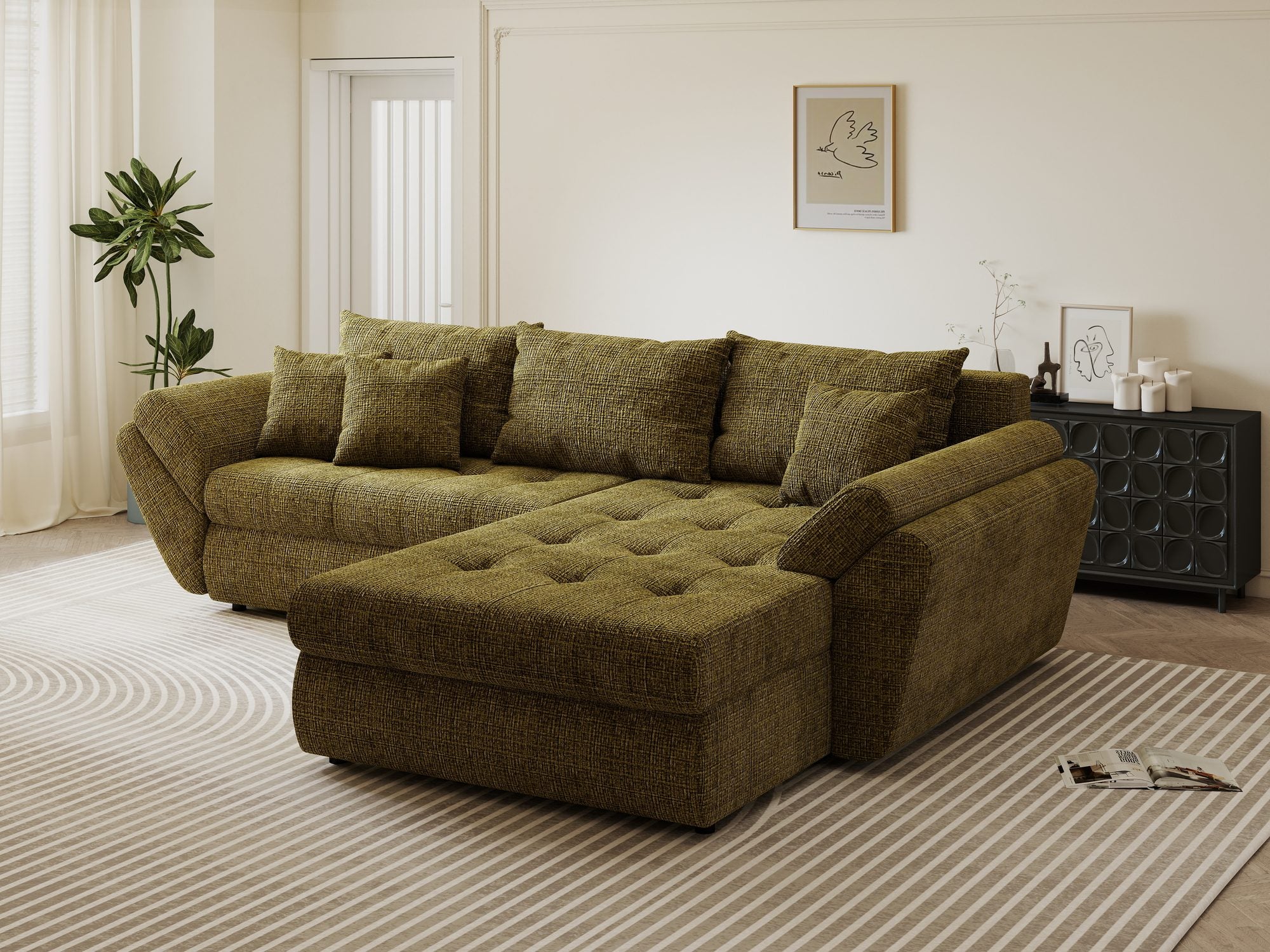 Colțar extensibil dumonde cu ladă de depozitare si sezut confortabil din spuma high-density, Loana Cremona Olive II 270x185 cm
