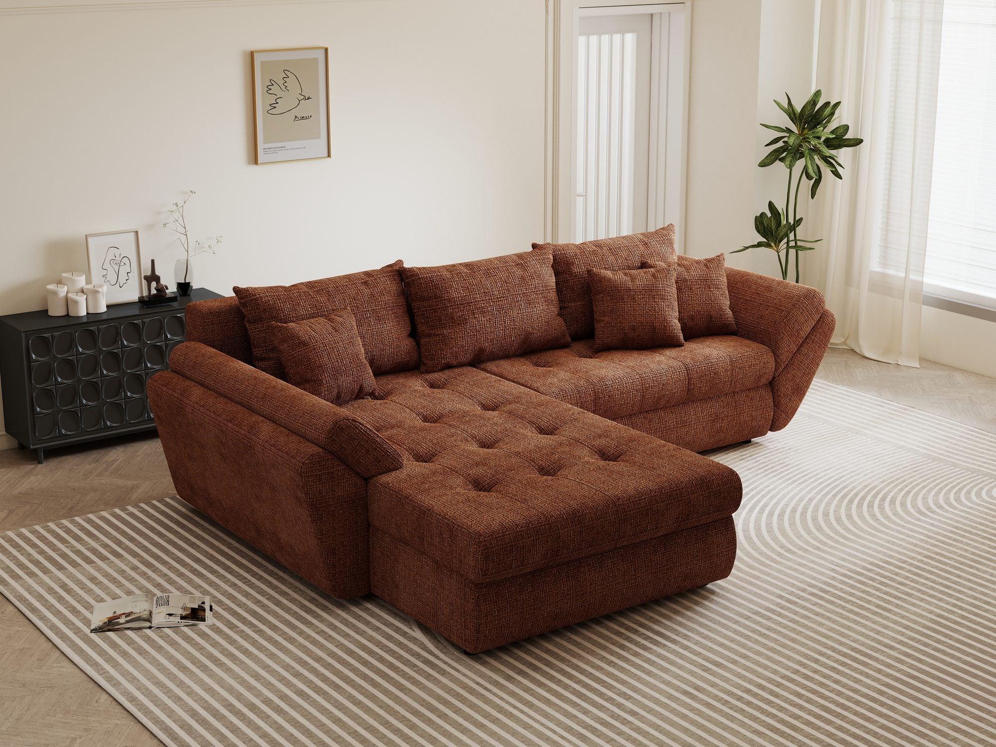 Colțar extensibil dumonde cu ladă de depozitare si sezut confortabil din spuma high-density, Loana Cremona Teracota 270x185 cm