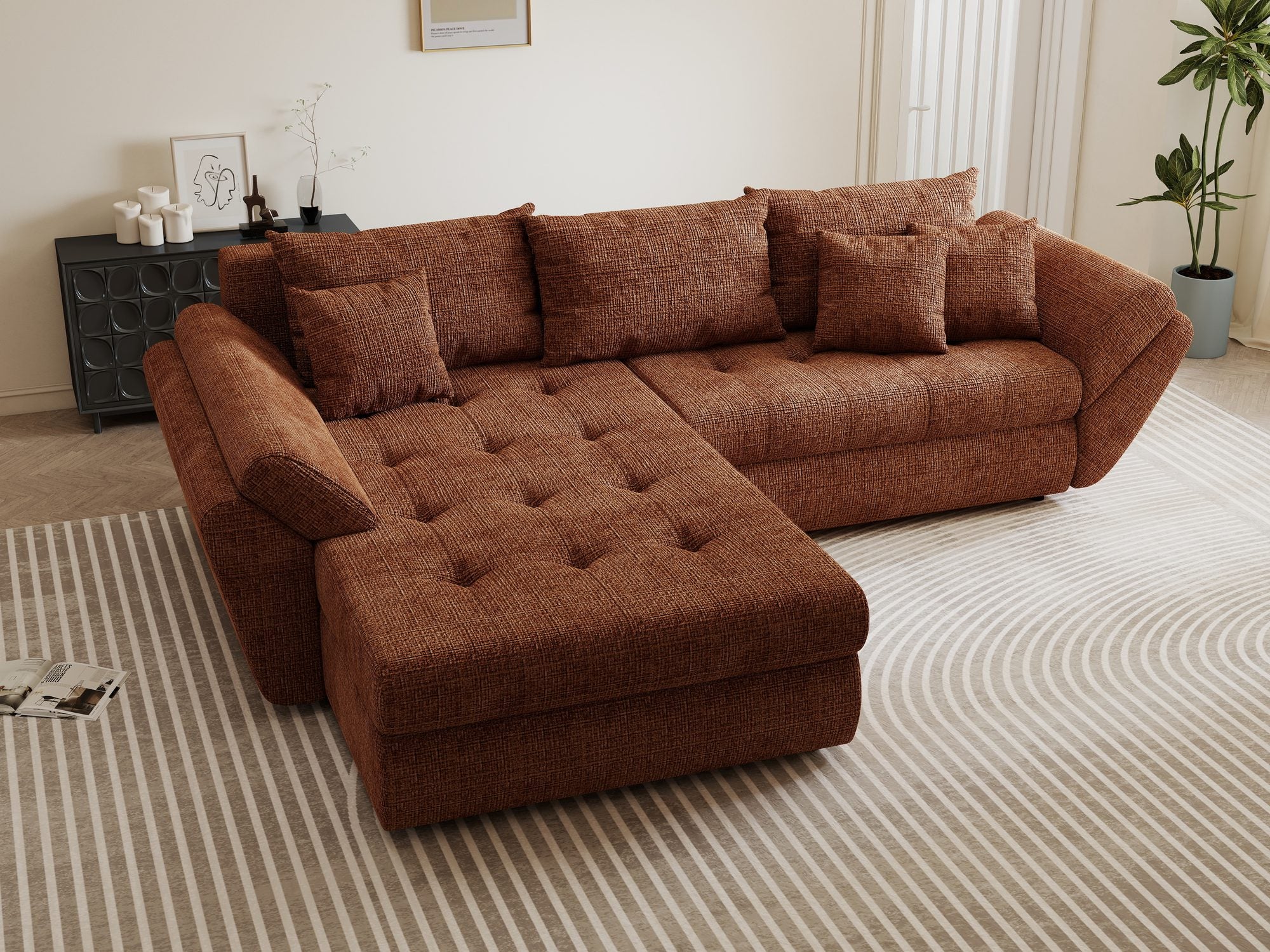 Colțar extensibil dumonde cu ladă de depozitare si sezut confortabil din spuma high-density, Loana Cremona Teracota 270x185 cm