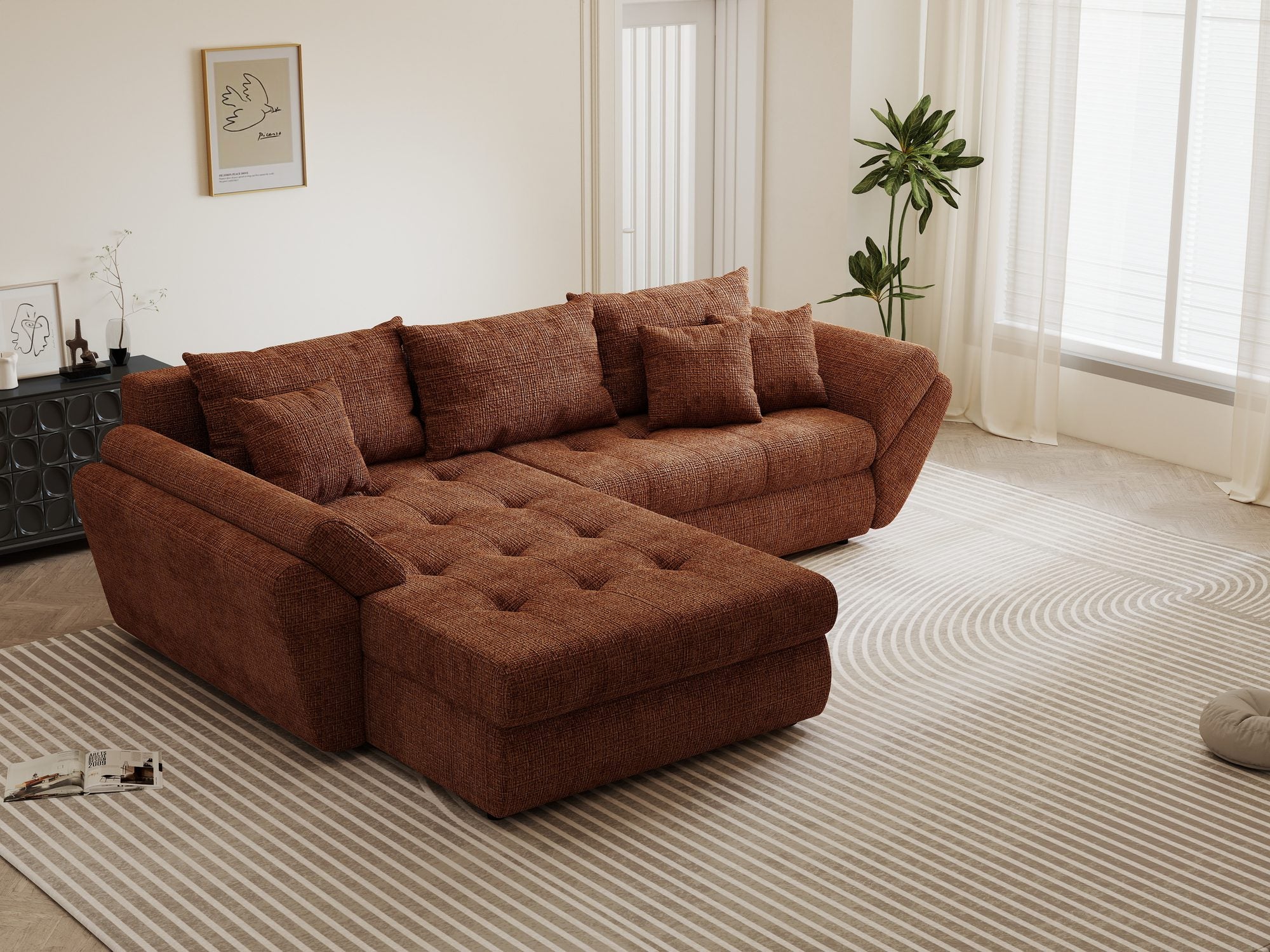Colțar extensibil dumonde cu ladă de depozitare si sezut confortabil din spuma high-density, Loana Cremona Teracota 270x185 cm