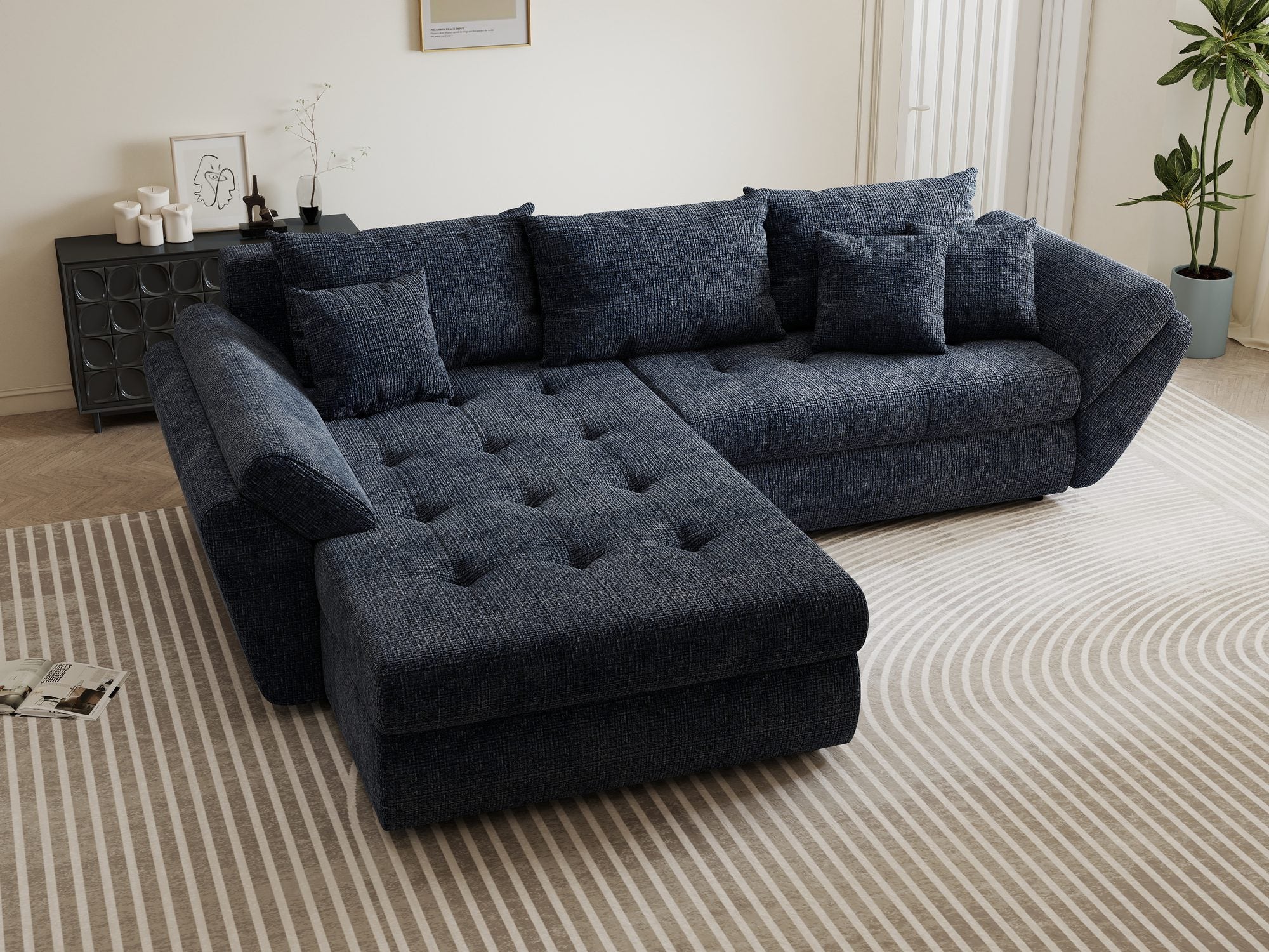 Colțar extensibil dumonde cu ladă de depozitare si sezut confortabil din spuma high-density, Loana Cremona Albastru 270x185 cm