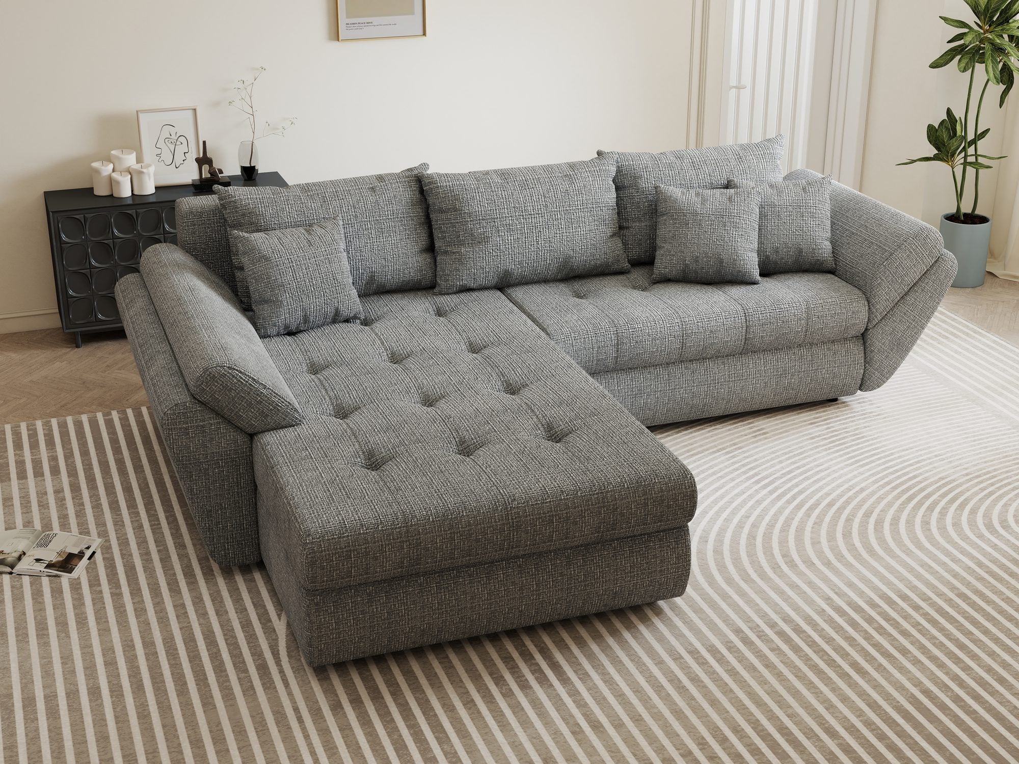 Colțar extensibil dumonde cu ladă de depozitare si sezut confortabil din spuma high-density, Loana Cremona Gri 270x185 cm