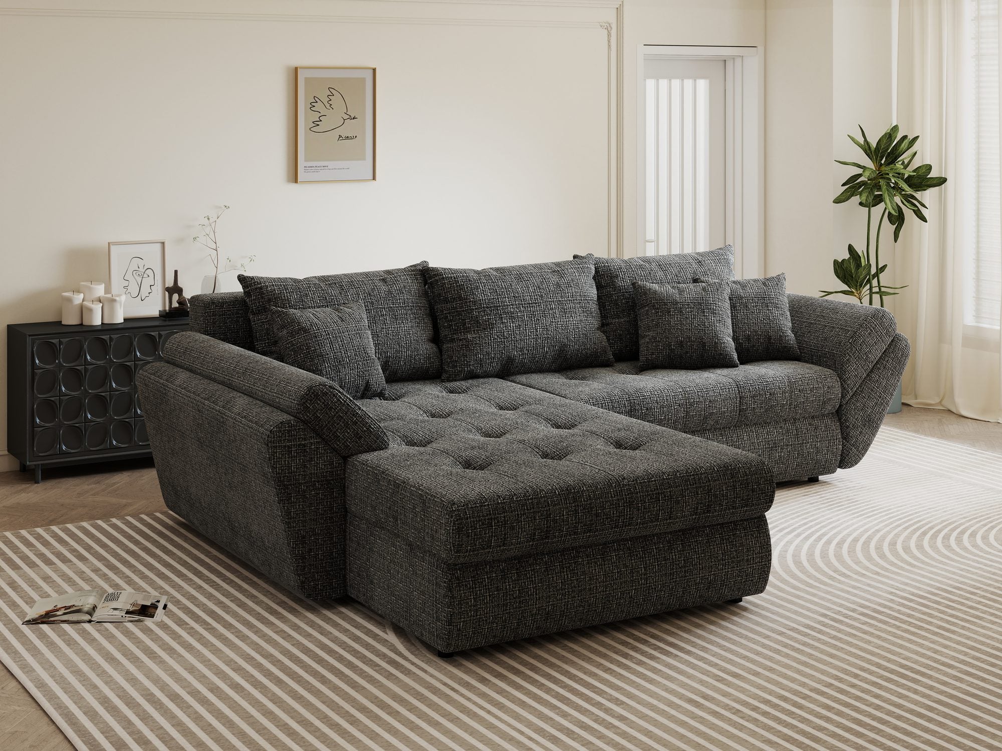 Colțar extensibil dumonde cu ladă de depozitare si sezut confortabil din spuma high-density, Loana Cremona Gri 270x185 cm