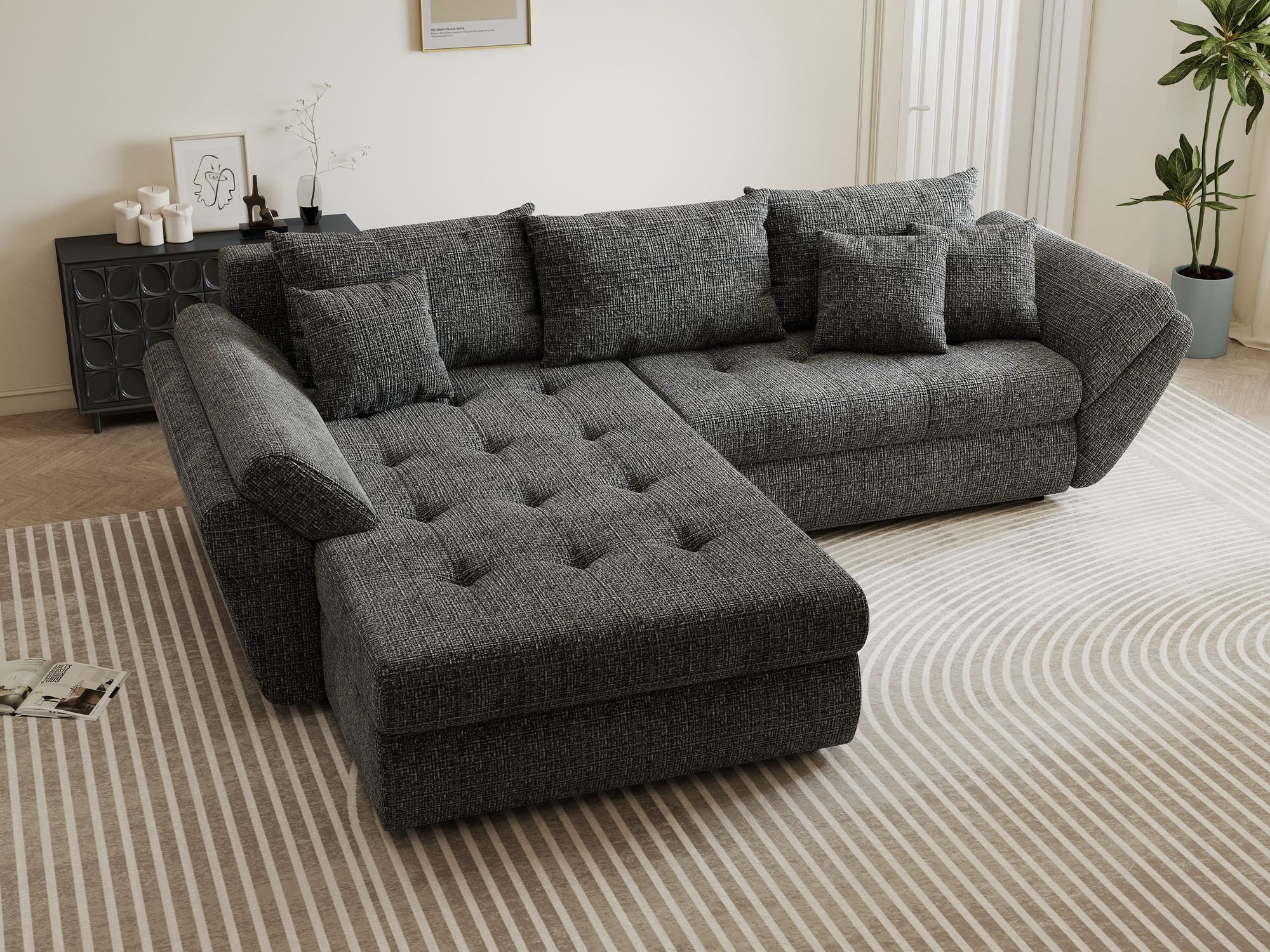 Colțar extensibil dumonde cu ladă de depozitare si sezut confortabil din spuma high-density, Loana Cremona Gri 270x185 cm