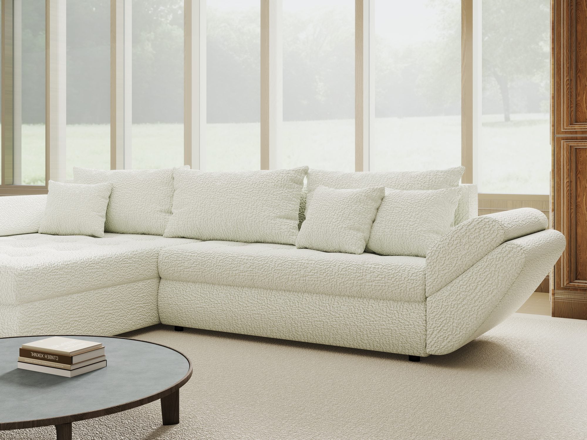 Colțar extensibil dumonde cu ladă de depozitare si sezut confortabil din spuma high-density, Loana Jaguar Ivory 270x185 cm