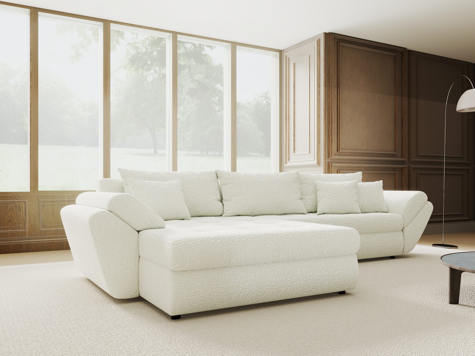 Colțar extensibil dumonde cu ladă de depozitare si sezut confortabil din spuma high-density, Loana Jaguar Ivory 270x185 cm