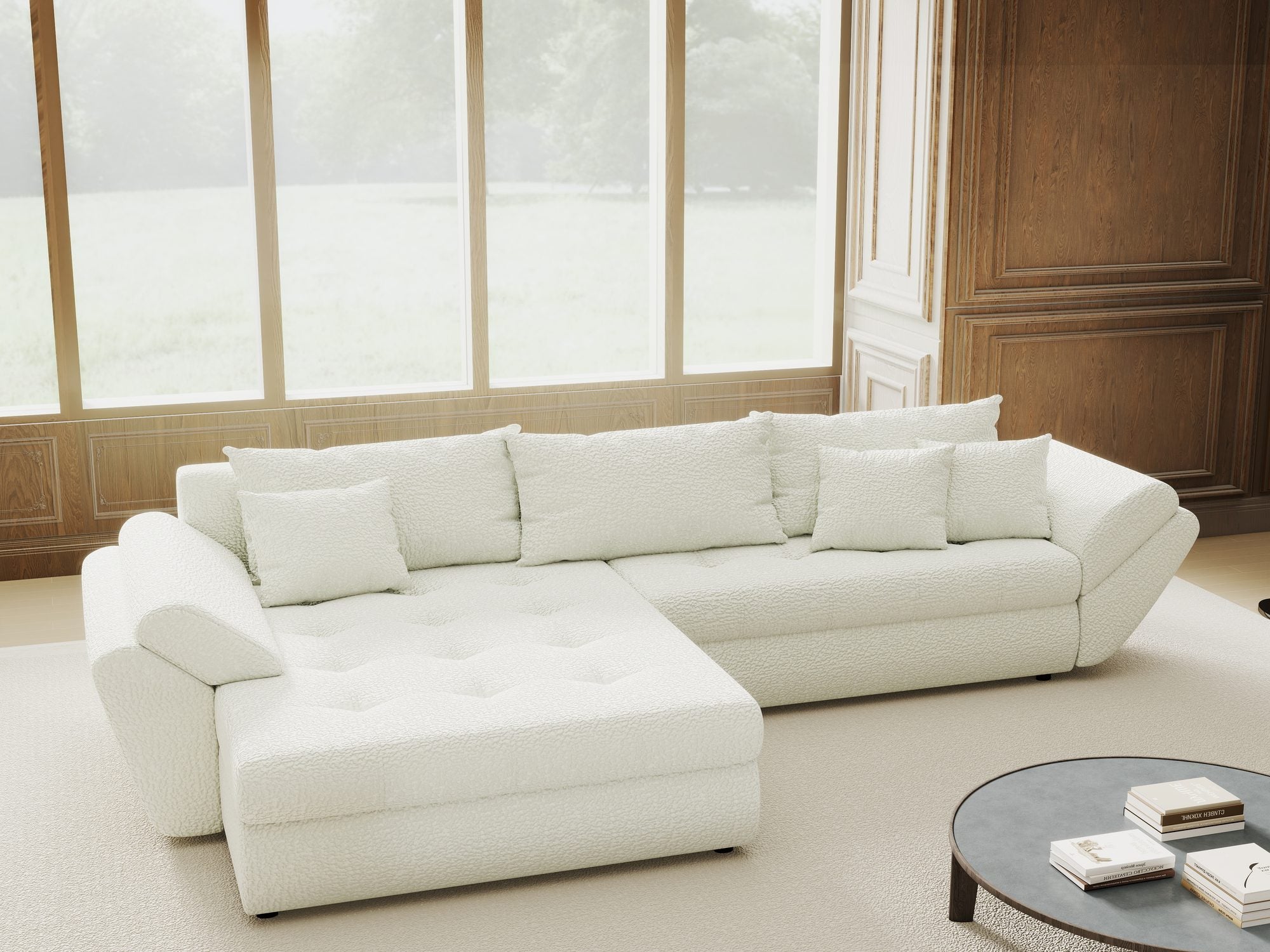 Colțar extensibil dumonde cu ladă de depozitare si sezut confortabil din spuma high-density, Loana Jaguar Ivory 270x185 cm