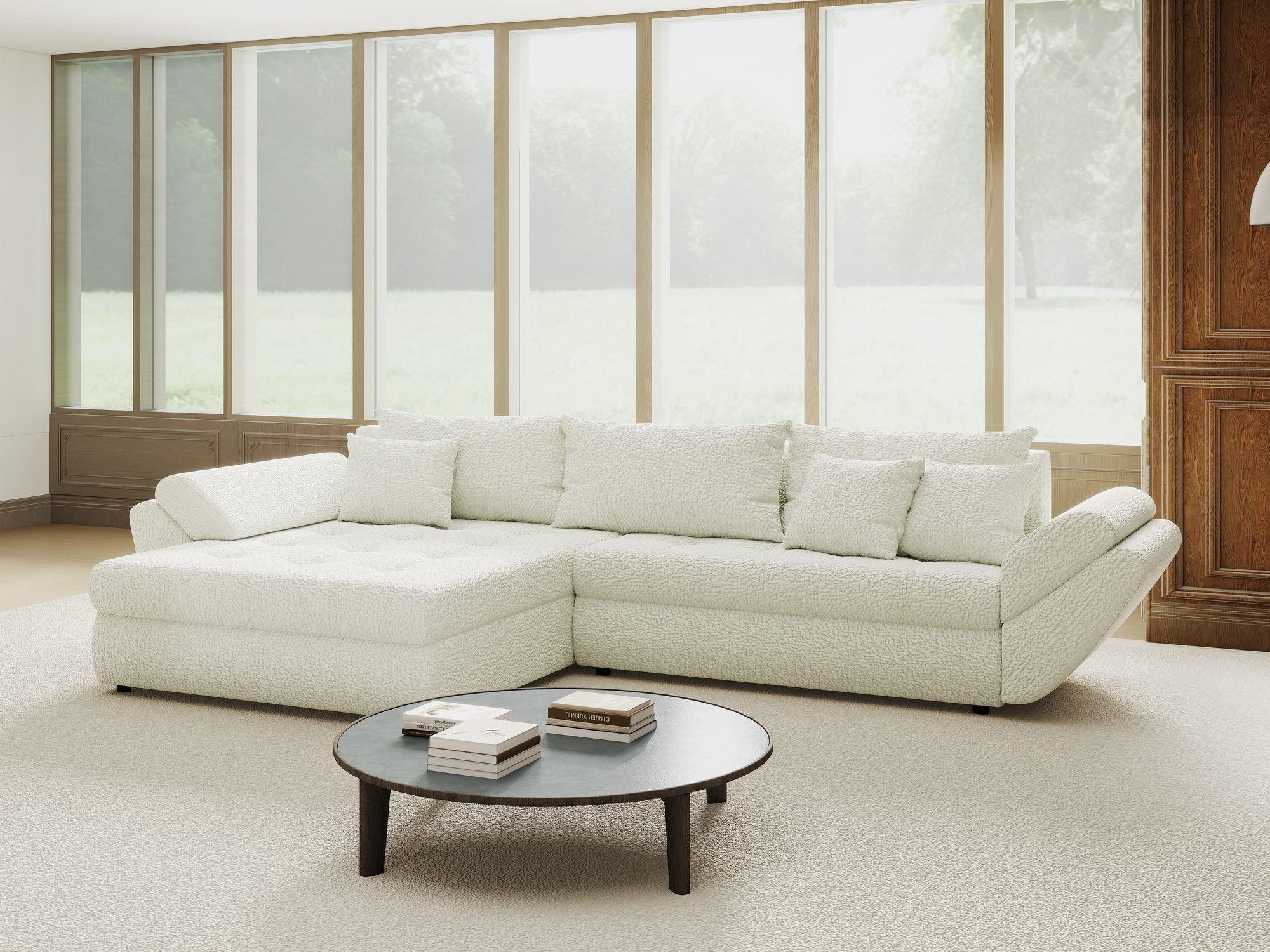 Colțar extensibil dumonde cu ladă de depozitare si sezut confortabil din spuma high-density, Loana Jaguar Ivory 270x185 cm