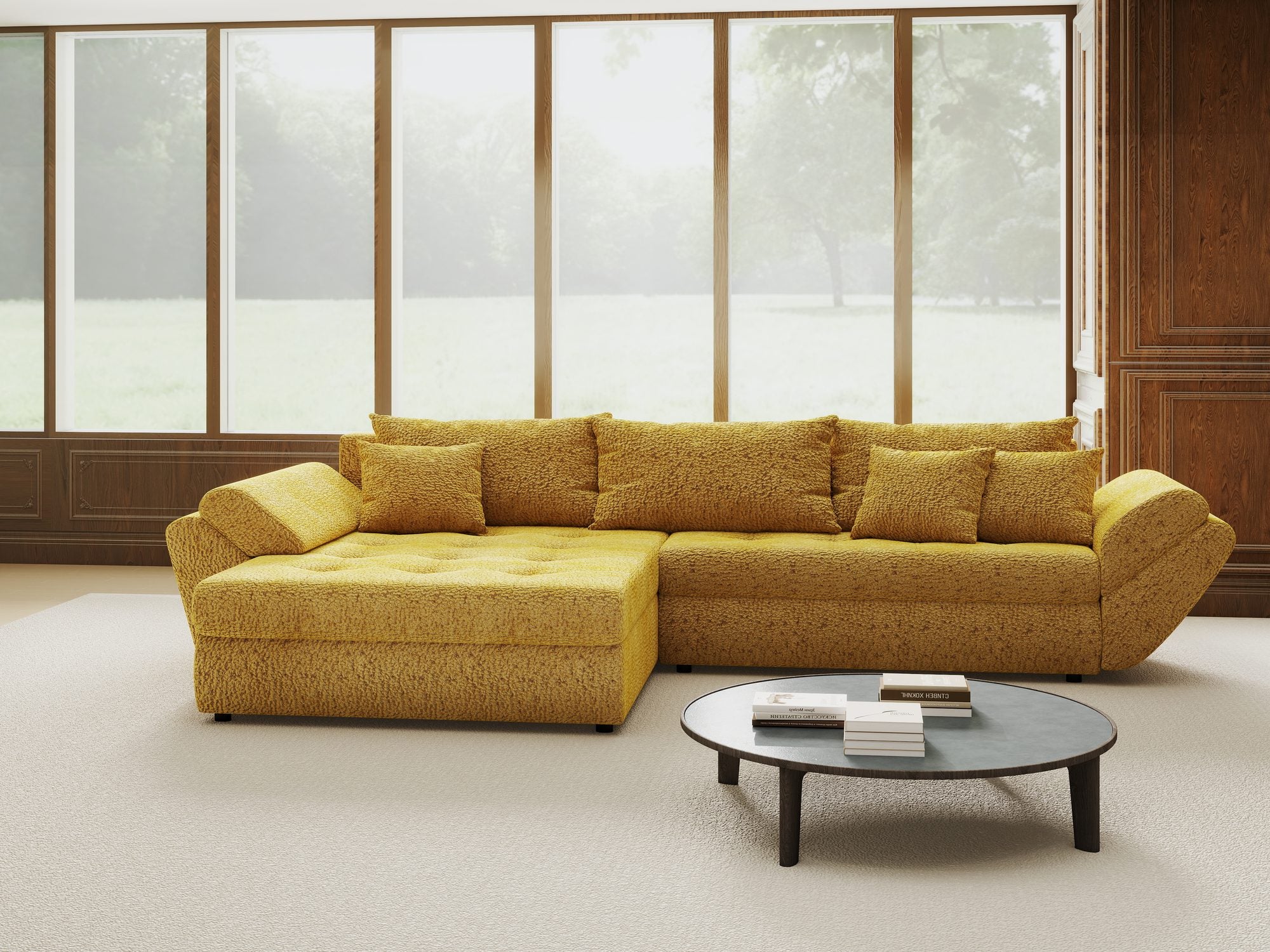 Colțar extensibil dumonde cu ladă de depozitare si sezut confortabil din spuma high-density, Loana Jaguar Galben mustar 270x185 cm