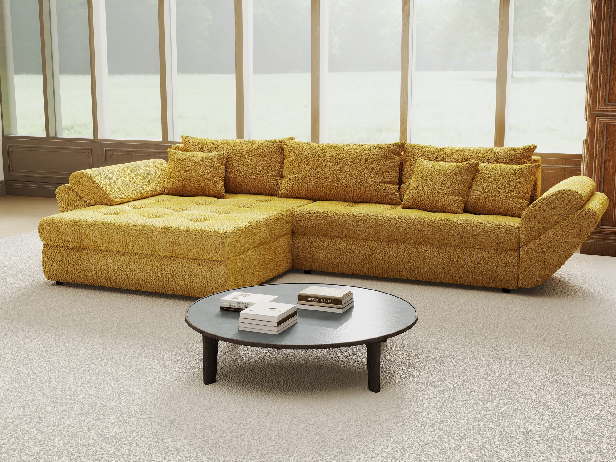 Colțar extensibil dumonde cu ladă de depozitare si sezut confortabil din spuma high-density, Loana Jaguar Galben mustar 270x185 cm