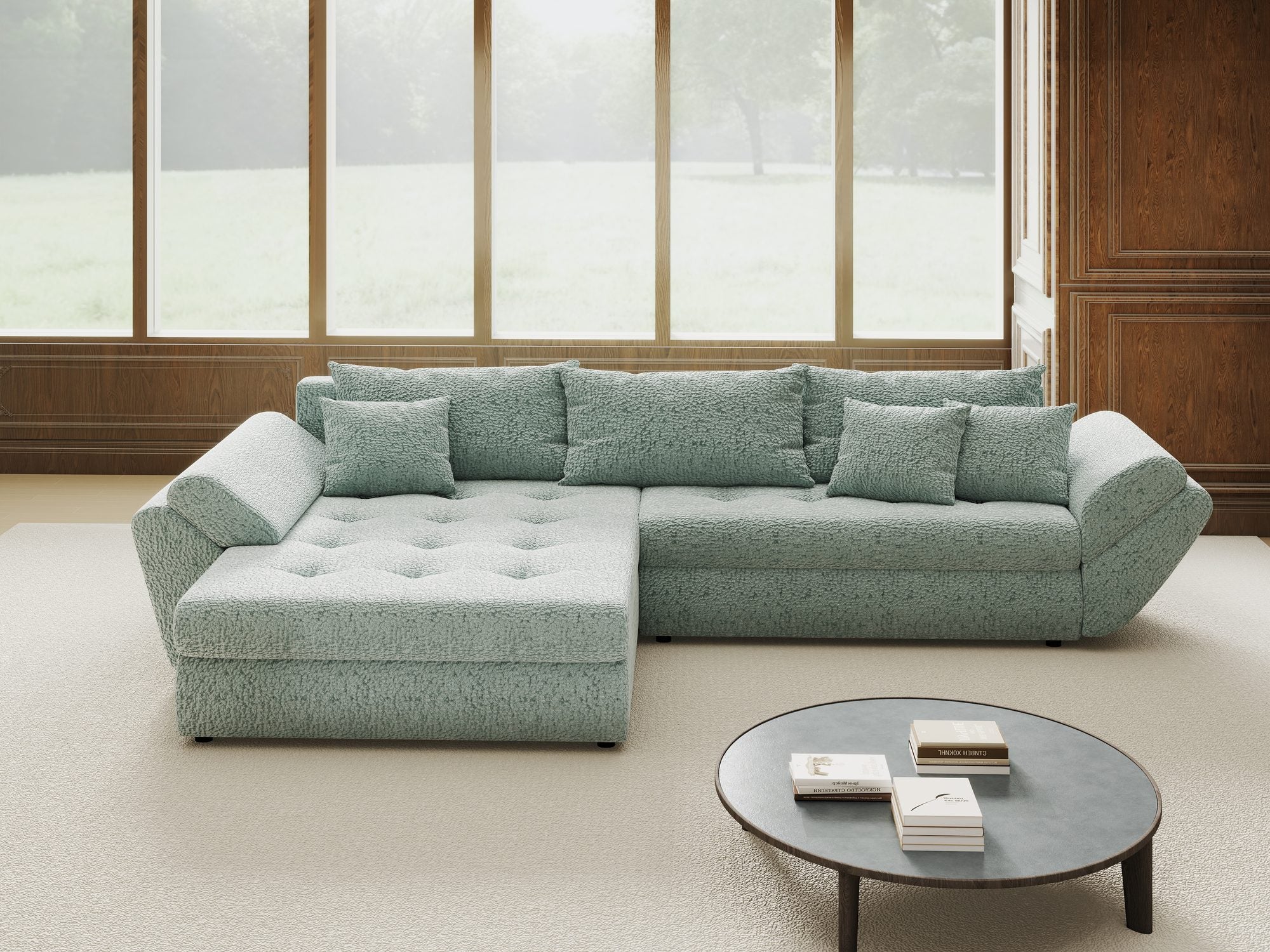 Colțar extensibil dumonde cu ladă de depozitare si sezut confortabil din spuma high-density, Loana Jaguar Verde mint 270x185 cm