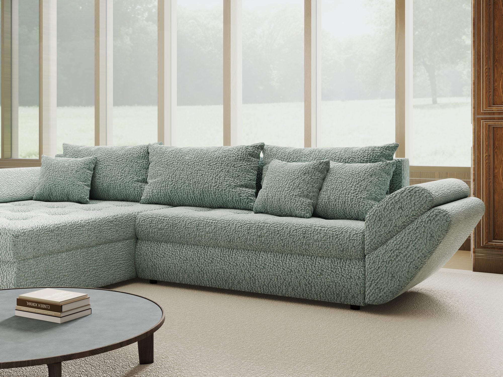 Colțar extensibil dumonde cu ladă de depozitare si sezut confortabil din spuma high-density, Loana Jaguar Verde mint 270x185 cm