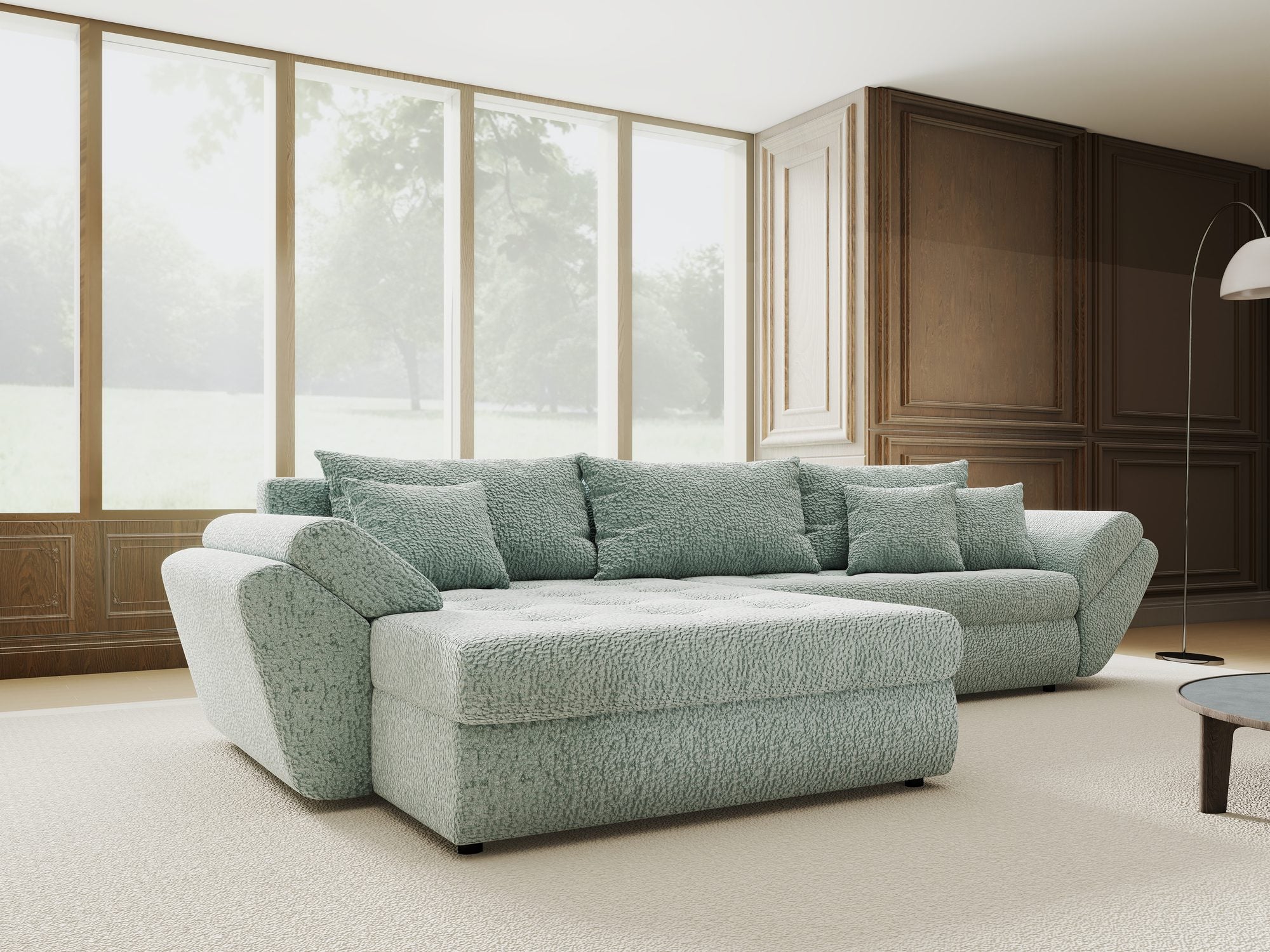 Colțar extensibil dumonde cu ladă de depozitare si sezut confortabil din spuma high-density, Loana Jaguar Verde mint 270x185 cm