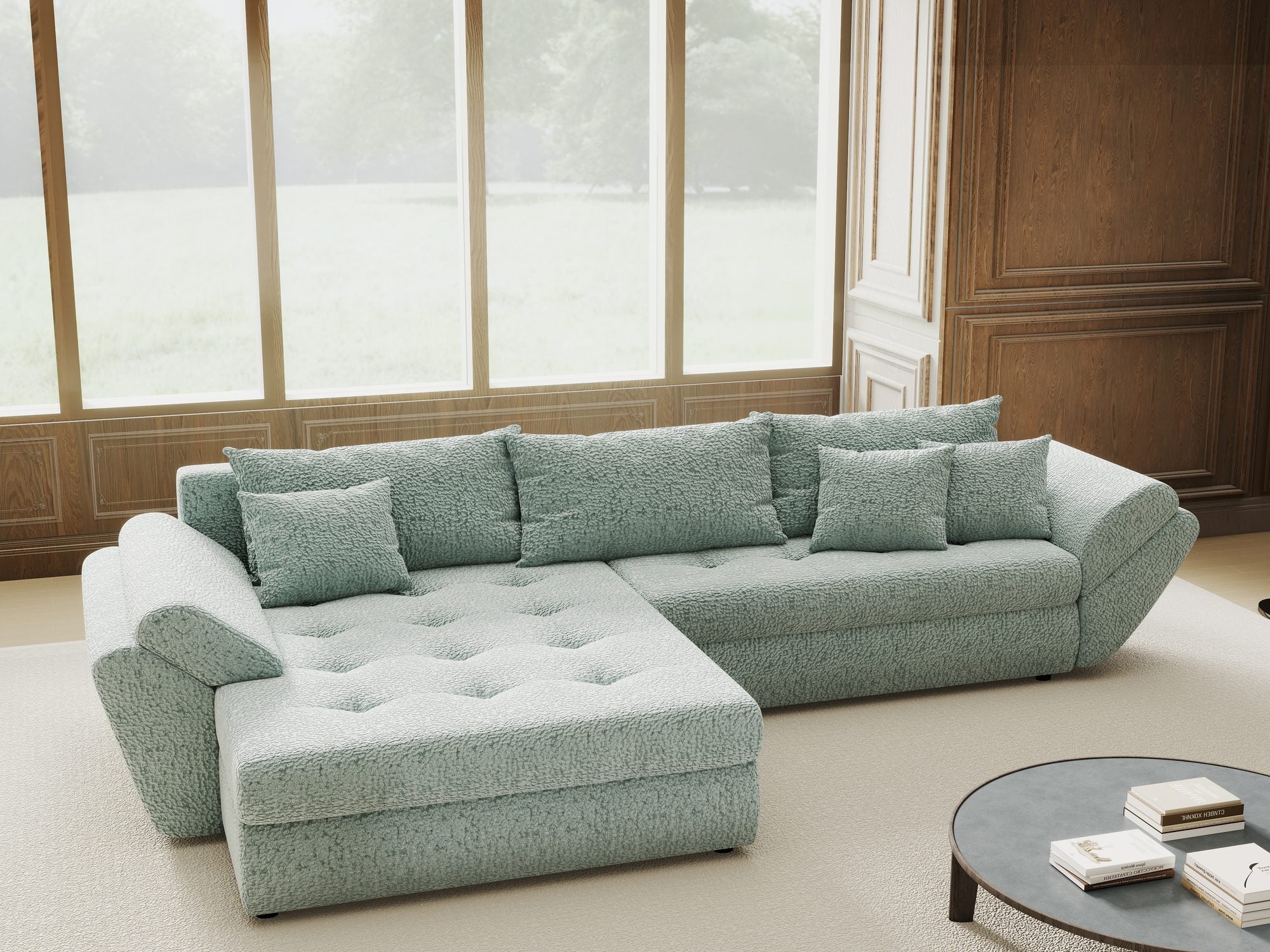 Colțar extensibil dumonde cu ladă de depozitare si sezut confortabil din spuma high-density, Loana Jaguar Verde mint 270x185 cm