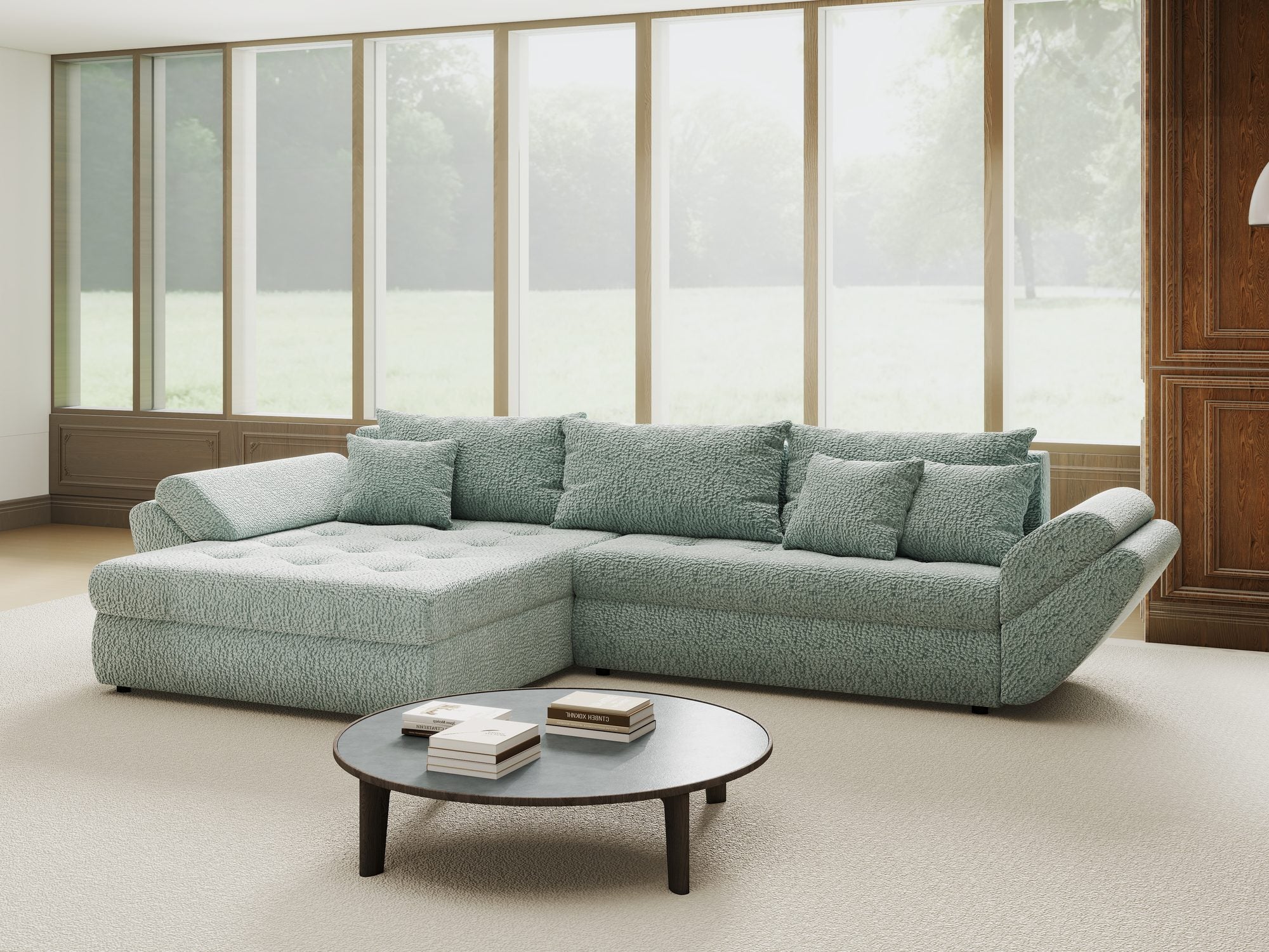 Colțar extensibil dumonde cu ladă de depozitare si sezut confortabil din spuma high-density, Loana Jaguar Verde mint 270x185 cm