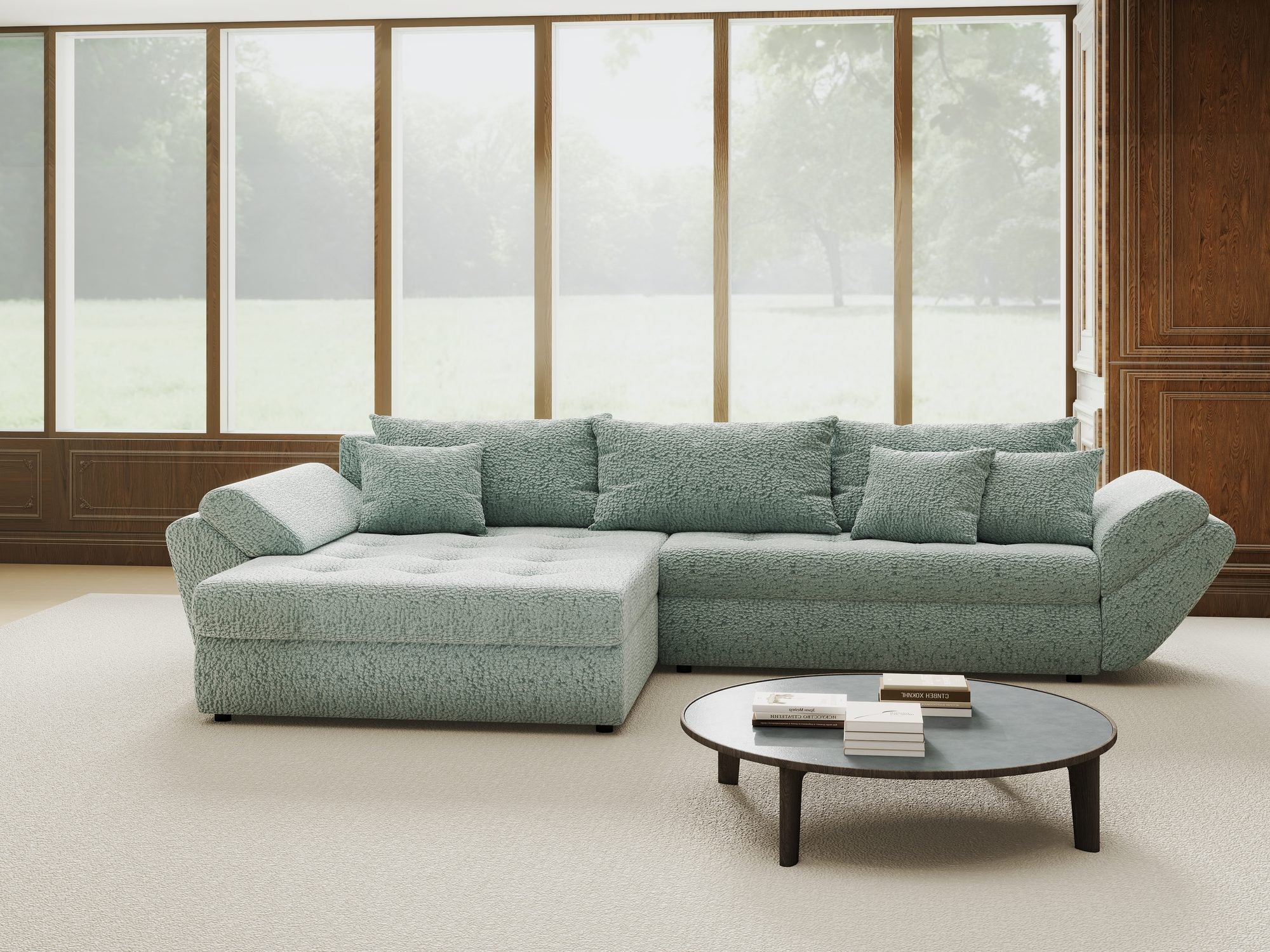 Colțar extensibil dumonde cu ladă de depozitare si sezut confortabil din spuma high-density, Loana Jaguar Verde mint 270x185 cm