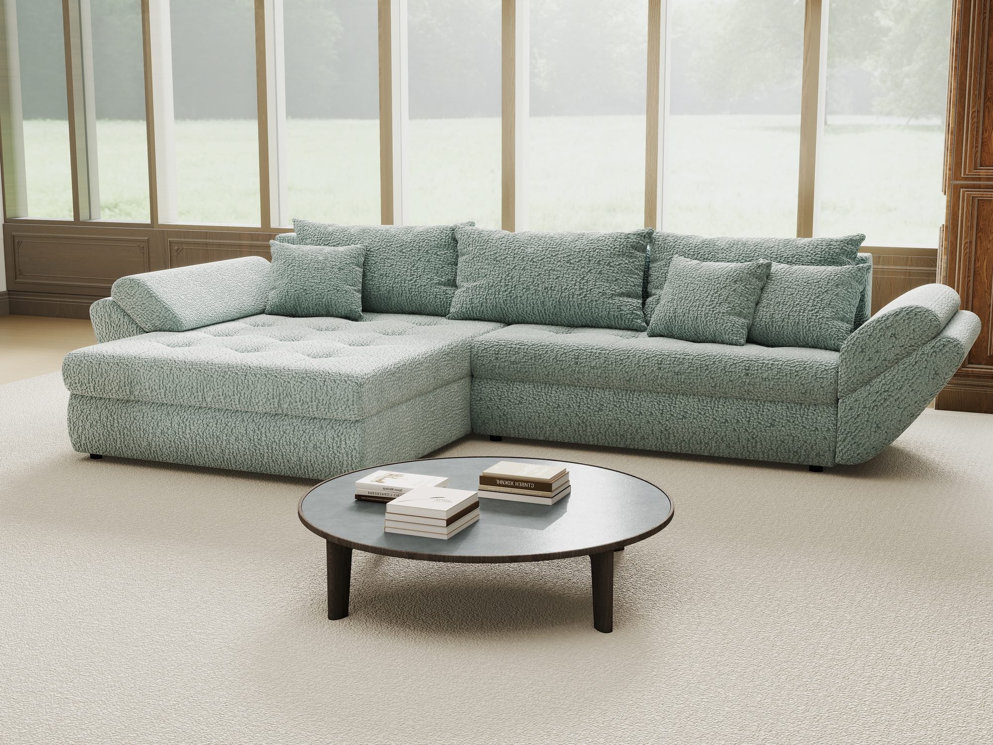 Colțar extensibil dumonde cu ladă de depozitare si sezut confortabil din spuma high-density, Loana Jaguar Verde mint 270x185 cm