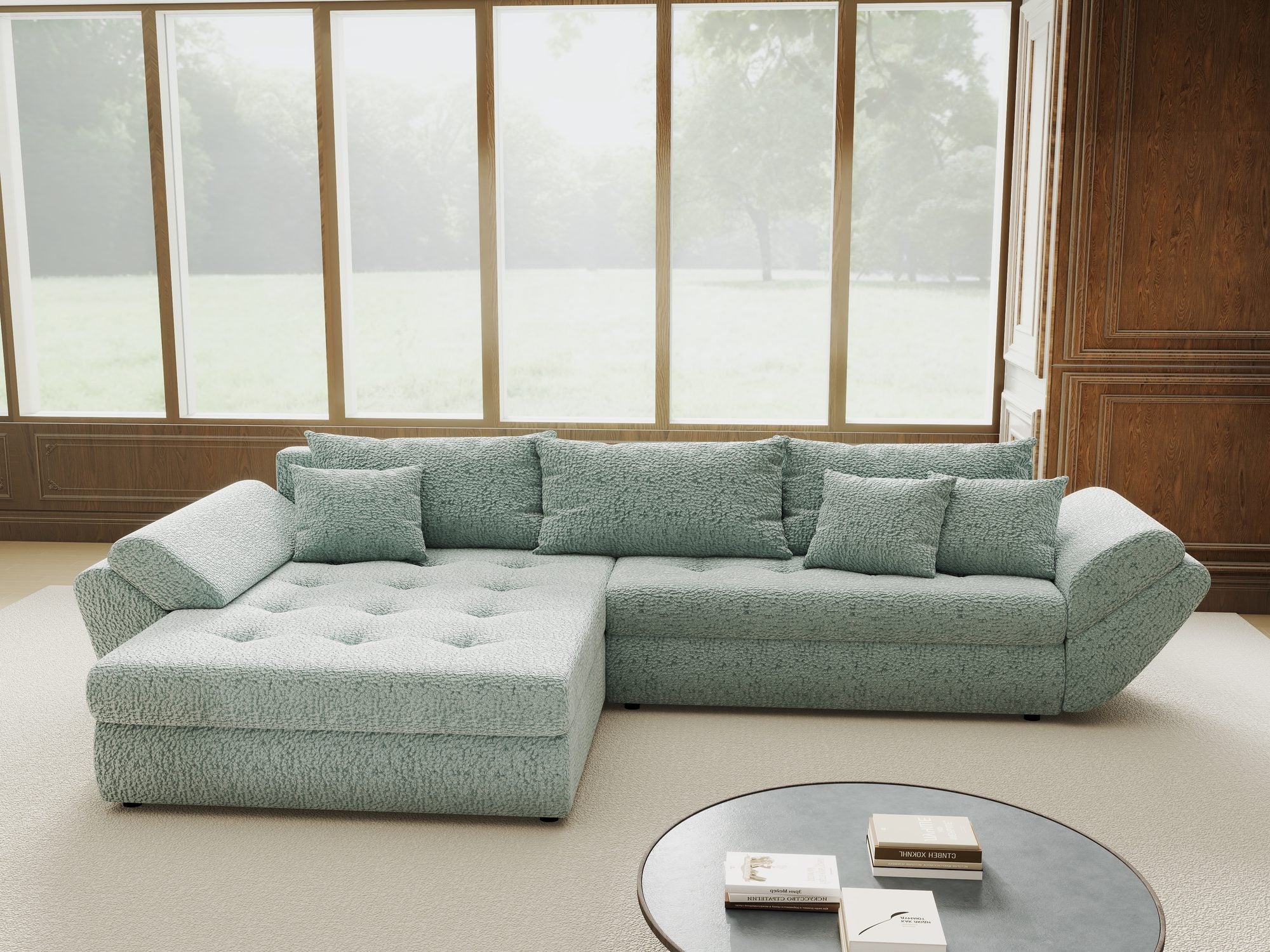 Colțar extensibil dumonde cu ladă de depozitare si sezut confortabil din spuma high-density, Loana Jaguar Verde mint 270x185 cm