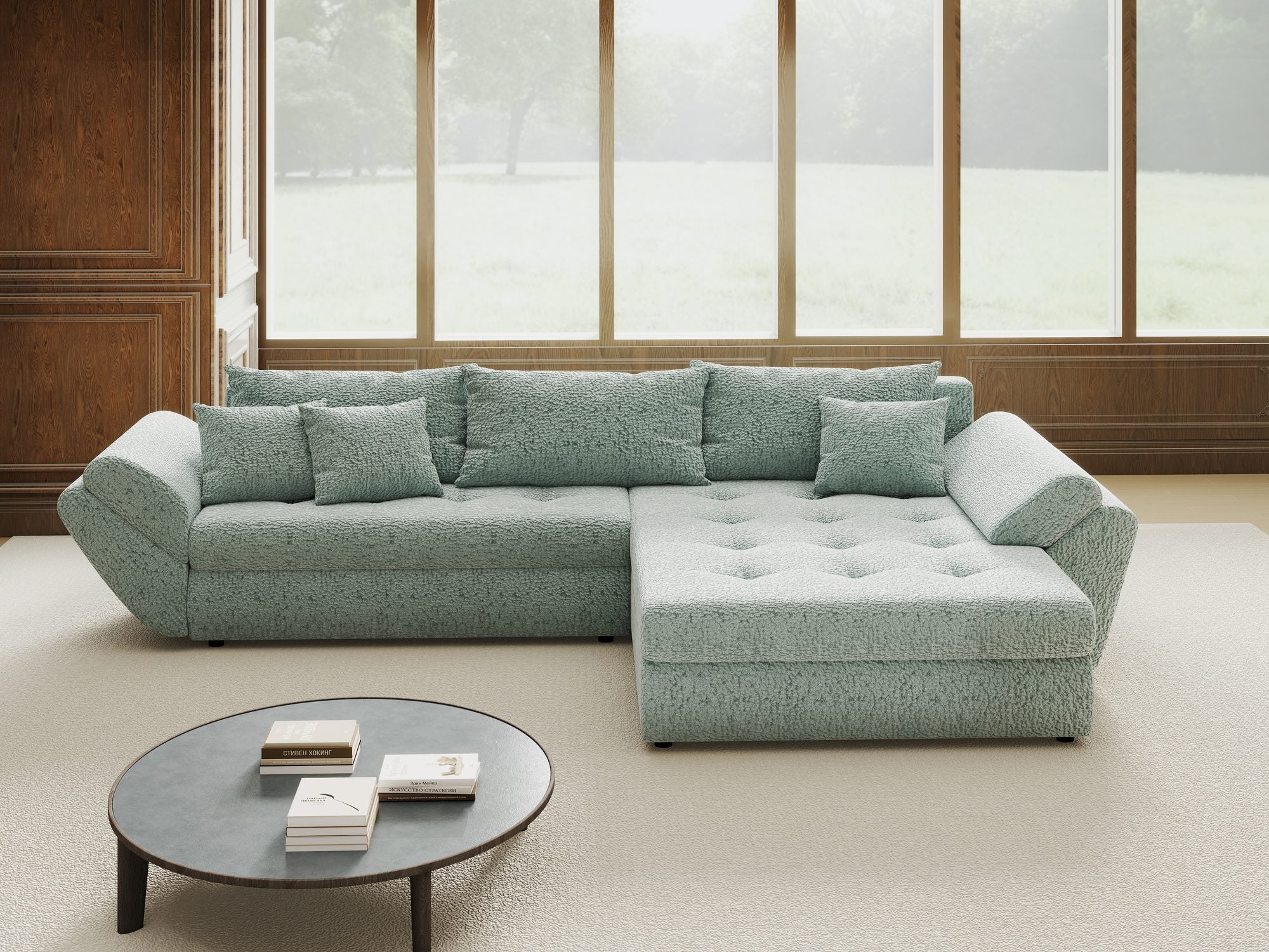 Colțar extensibil dumonde cu ladă de depozitare si sezut confortabil din spuma high-density, Loana Jaguar Verde mint II 270x185 cm