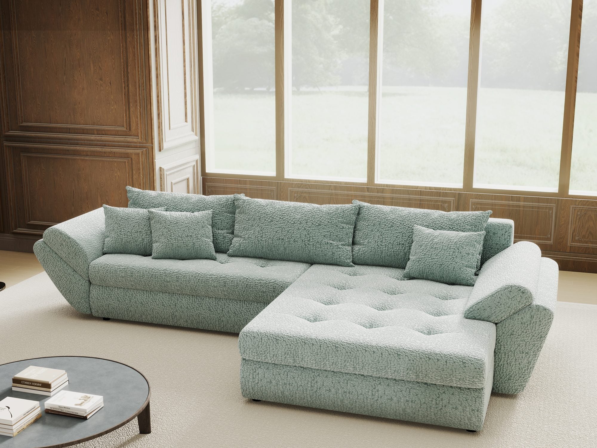 Colțar extensibil dumonde cu ladă de depozitare si sezut confortabil din spuma high-density, Loana Jaguar Verde mint II 270x185 cm