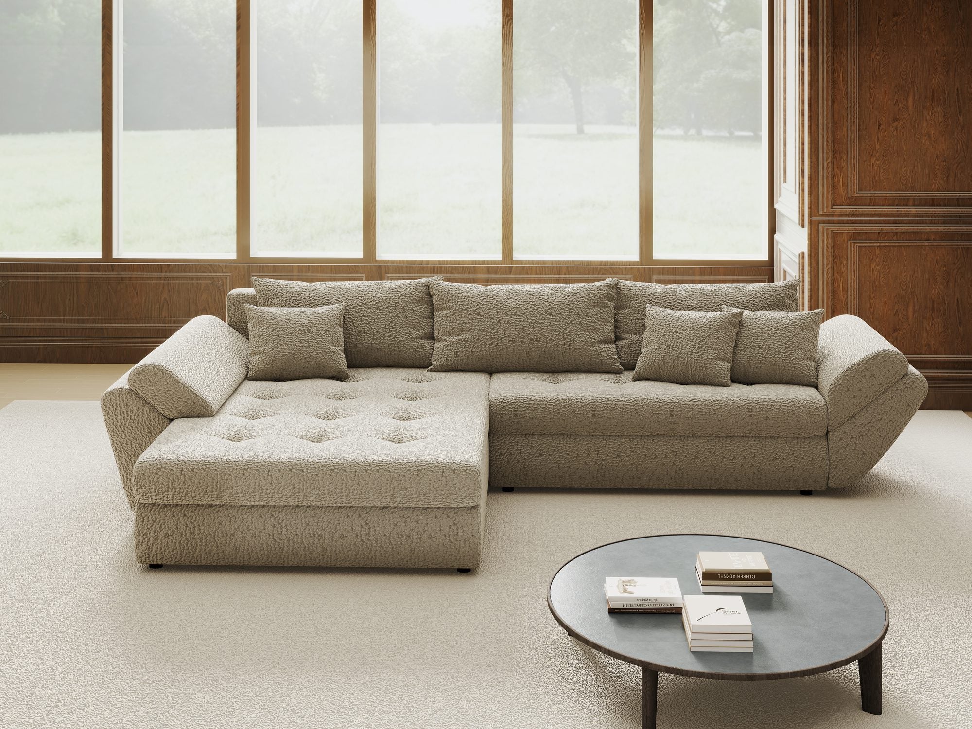 Colțar extensibil dumonde cu ladă de depozitare si sezut confortabil din spuma high-density, Loana Jaguar Bej 270x185 cm