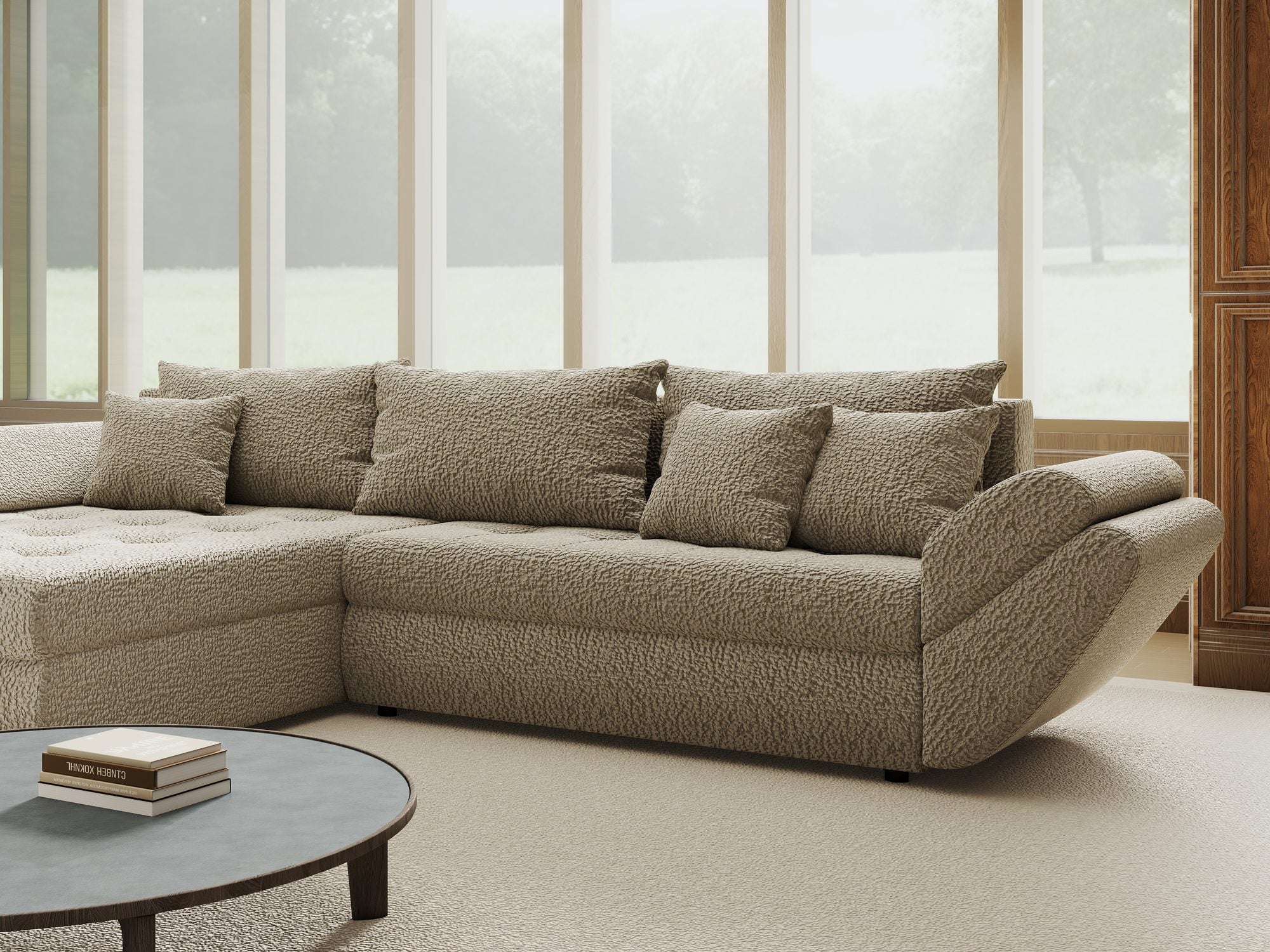 Colțar extensibil dumonde cu ladă de depozitare si sezut confortabil din spuma high-density, Loana Jaguar Bej 270x185 cm