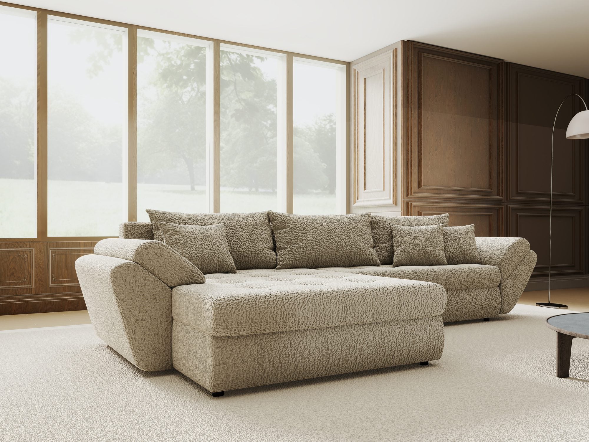 Colțar extensibil dumonde cu ladă de depozitare si sezut confortabil din spuma high-density, Loana Jaguar Bej 270x185 cm