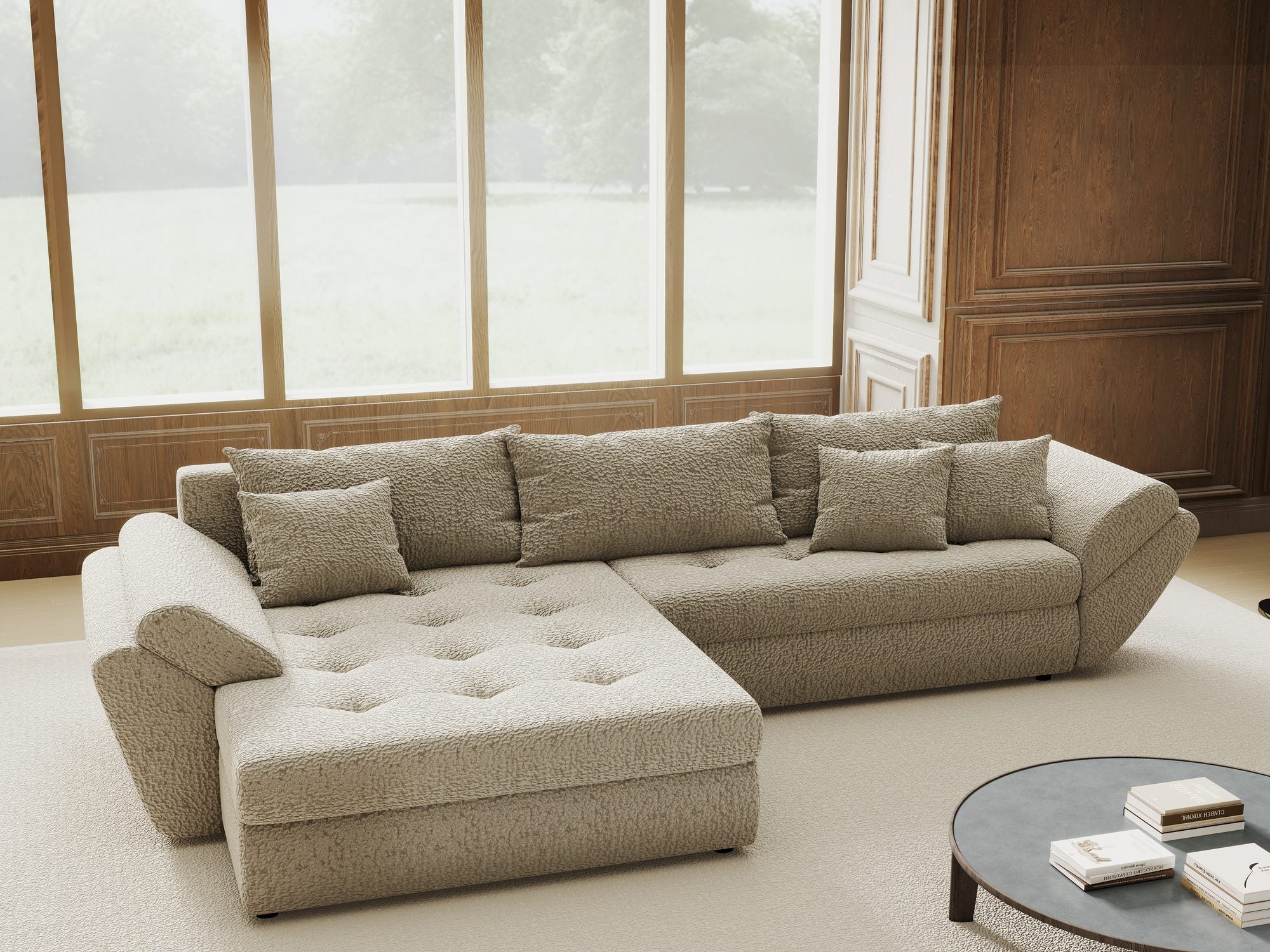 Colțar extensibil dumonde cu ladă de depozitare si sezut confortabil din spuma high-density, Loana Jaguar Bej 270x185 cm