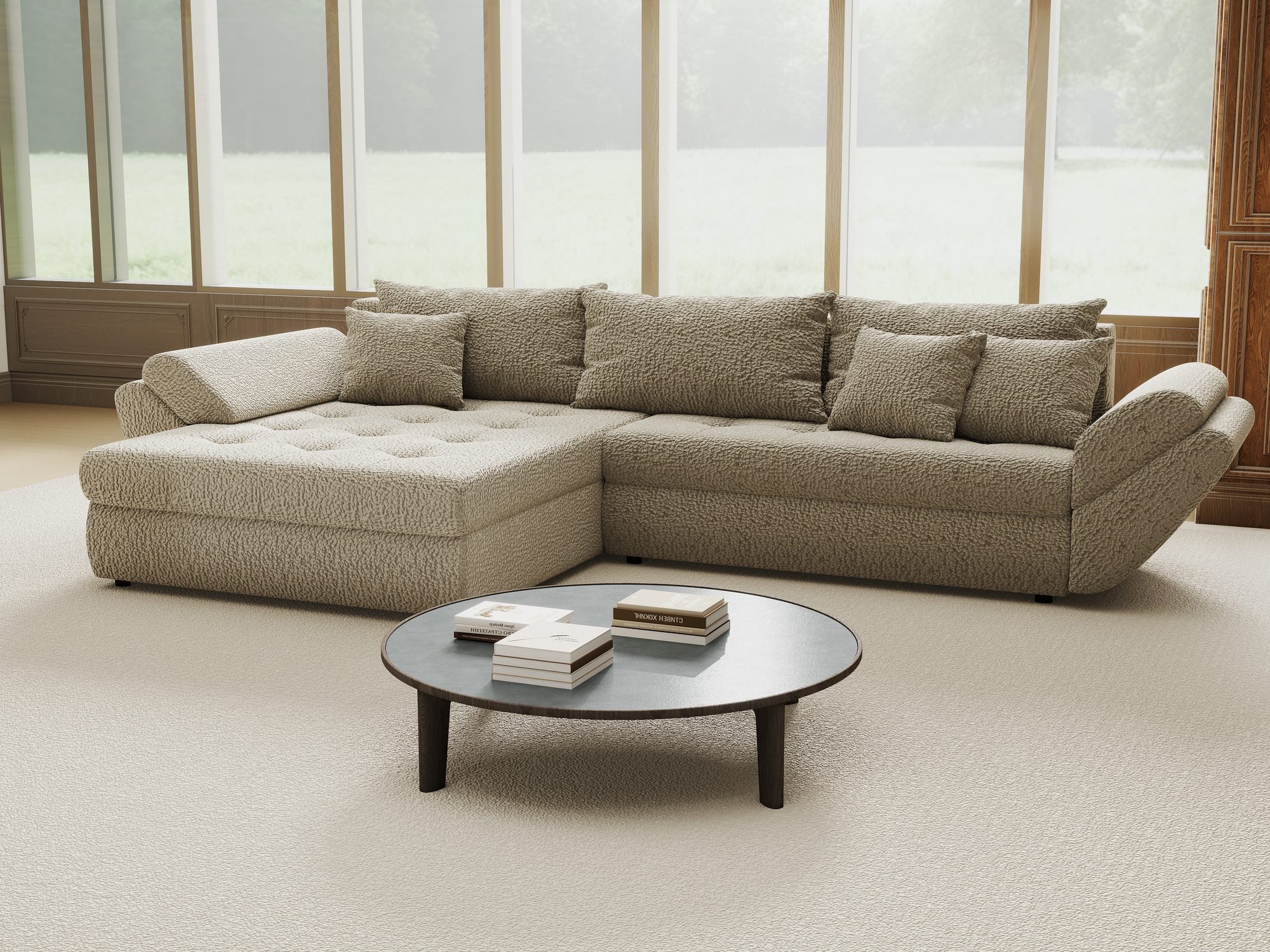 Colțar extensibil dumonde cu ladă de depozitare si sezut confortabil din spuma high-density, Loana Jaguar Bej 270x185 cm