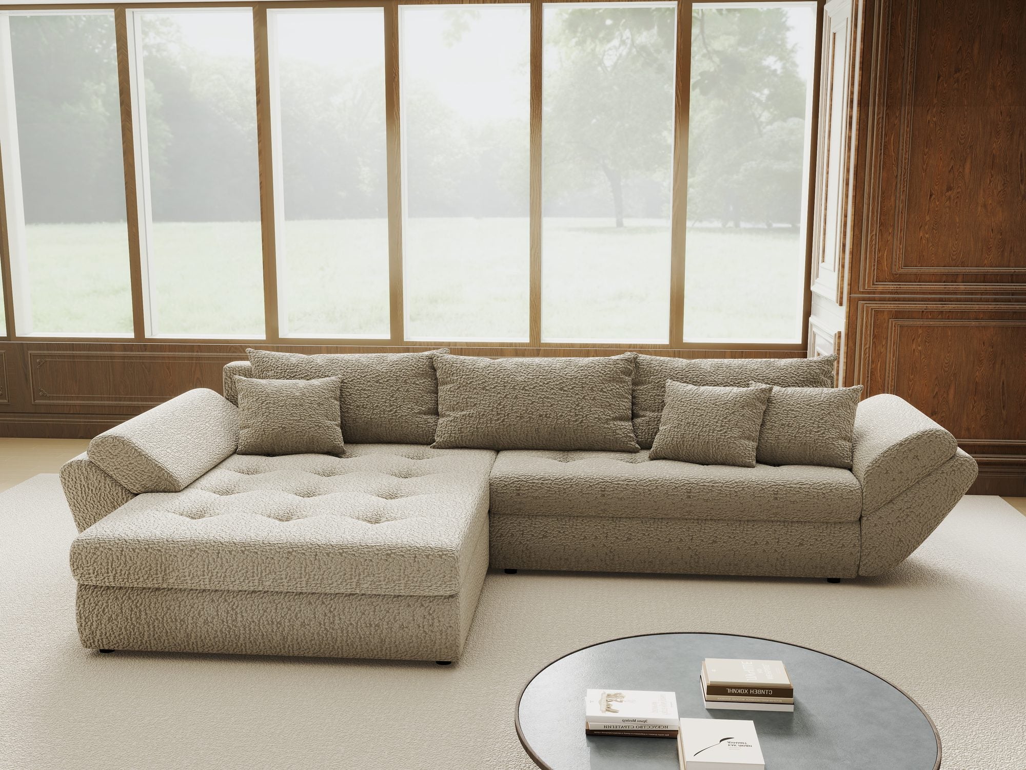 Colțar extensibil dumonde cu ladă de depozitare si sezut confortabil din spuma high-density, Loana Jaguar Bej 270x185 cm