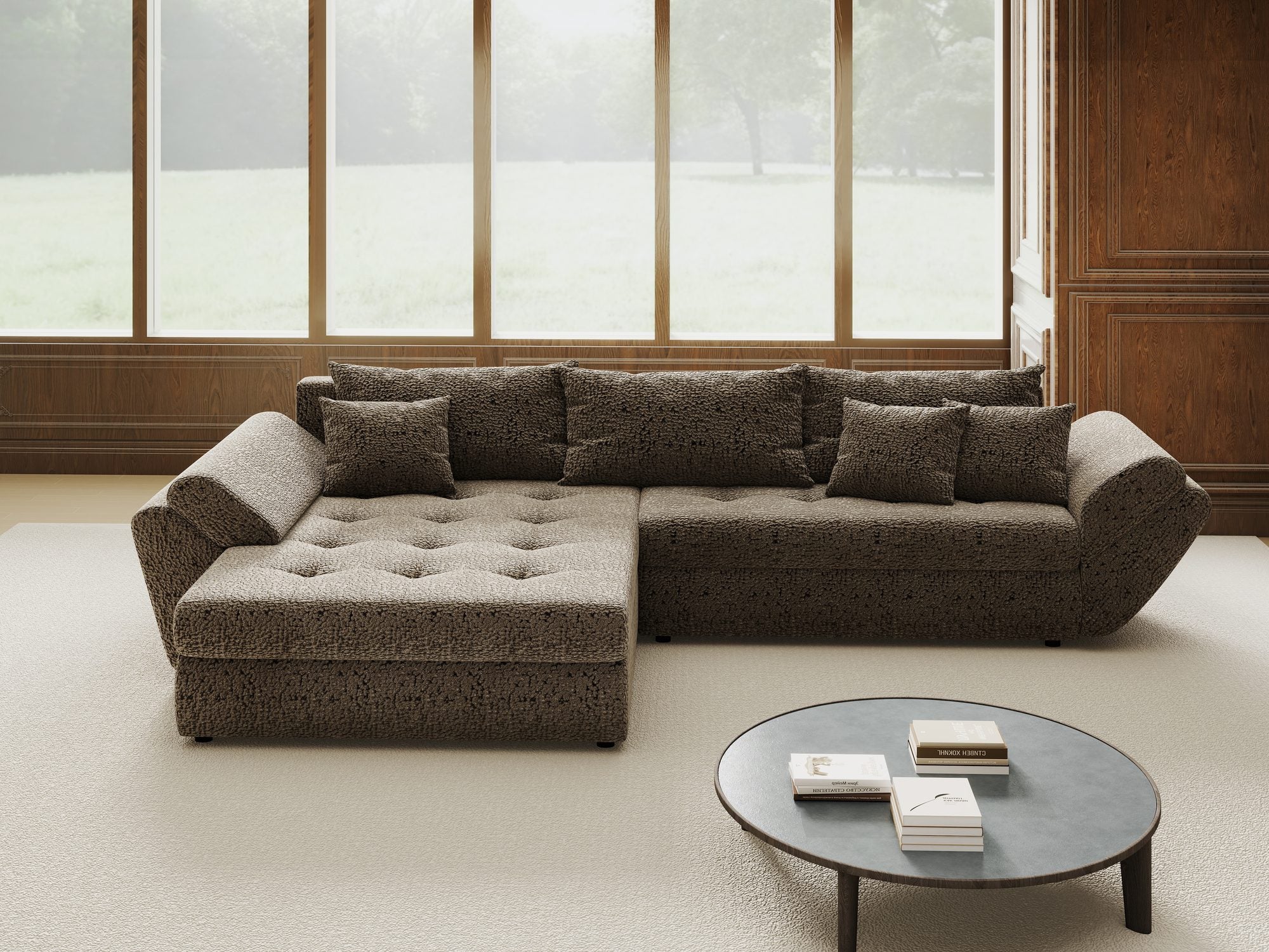 Colțar extensibil dumonde cu ladă de depozitare si sezut confortabil din spuma high-density, Loana Jaguar Maro  cappuccino 270x185 cm