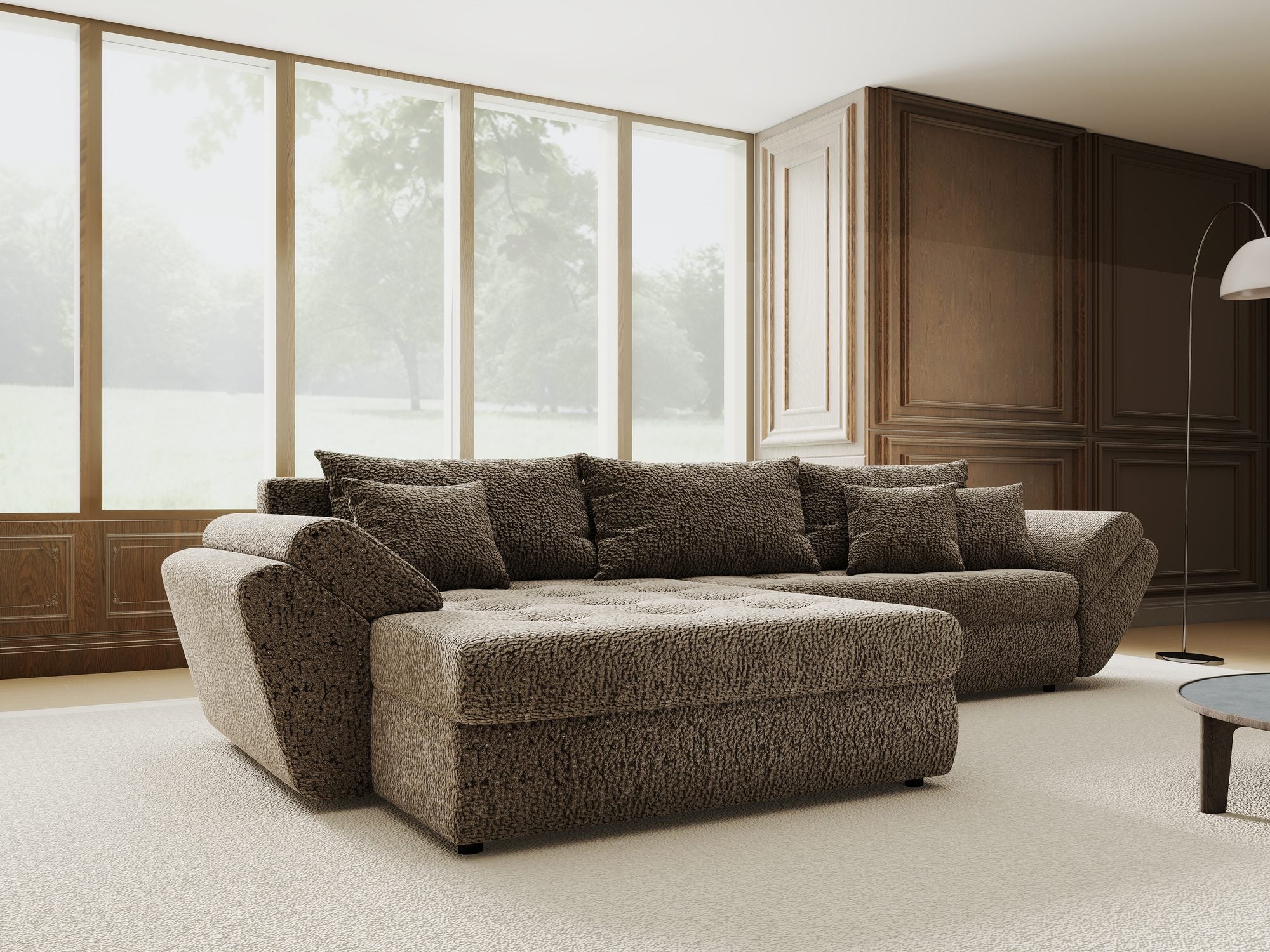 Colțar extensibil dumonde cu ladă de depozitare si sezut confortabil din spuma high-density, Loana Jaguar Maro  cappuccino 270x185 cm