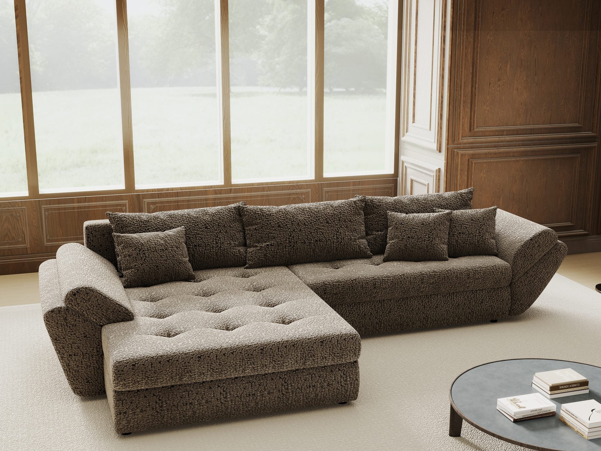 Colțar extensibil dumonde cu ladă de depozitare si sezut confortabil din spuma high-density, Loana Jaguar Maro  cappuccino 270x185 cm