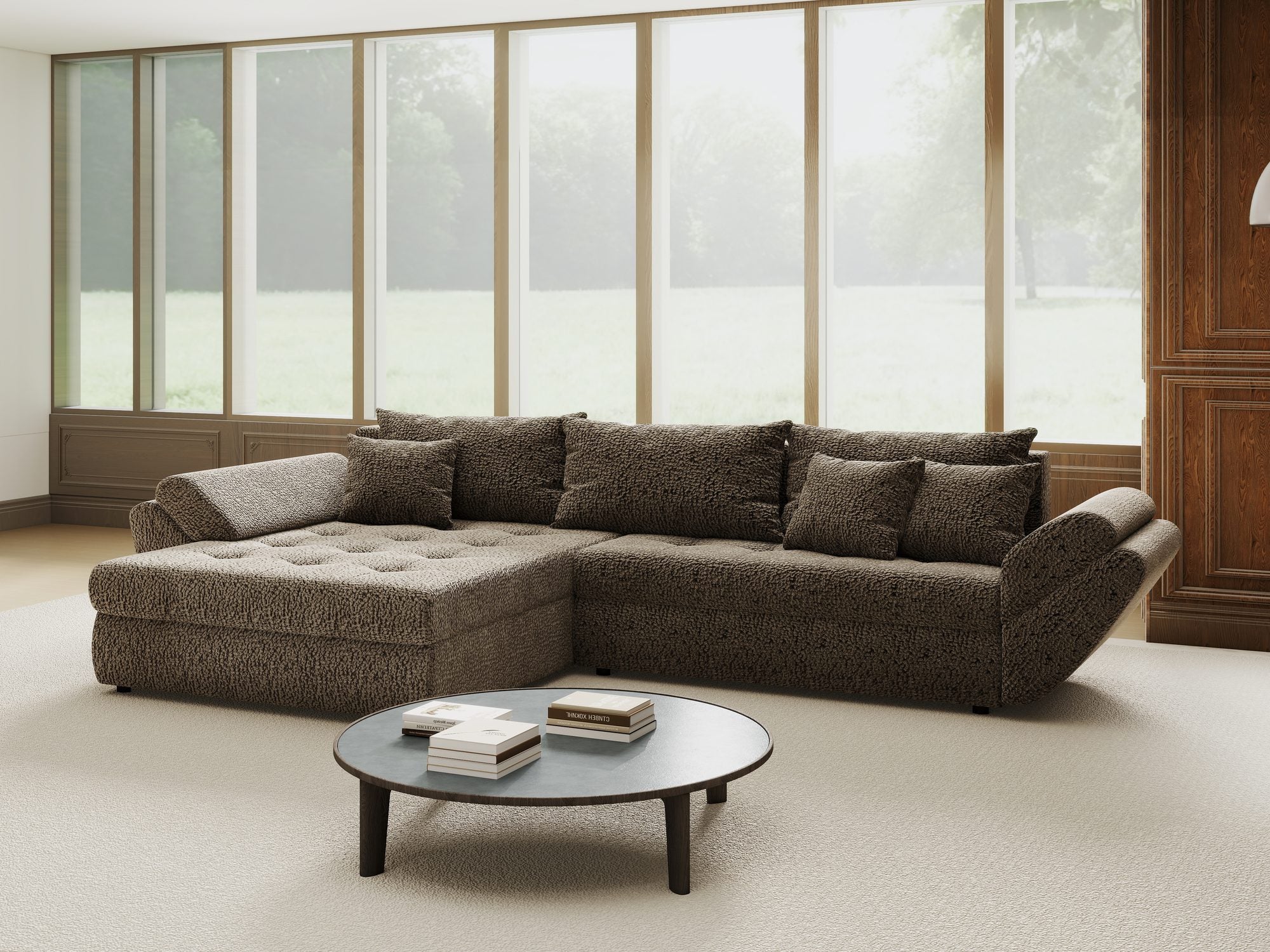 Colțar extensibil dumonde cu ladă de depozitare si sezut confortabil din spuma high-density, Loana Jaguar Maro  cappuccino 270x185 cm