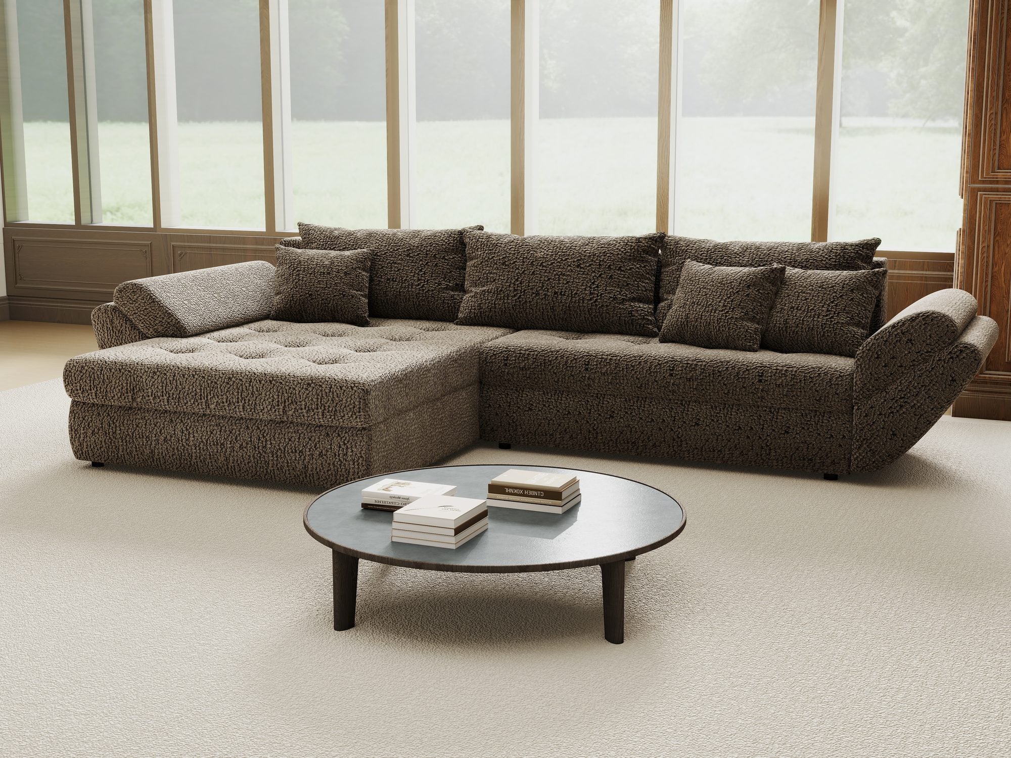 Colțar extensibil dumonde cu ladă de depozitare si sezut confortabil din spuma high-density, Loana Jaguar Maro  cappuccino 270x185 cm