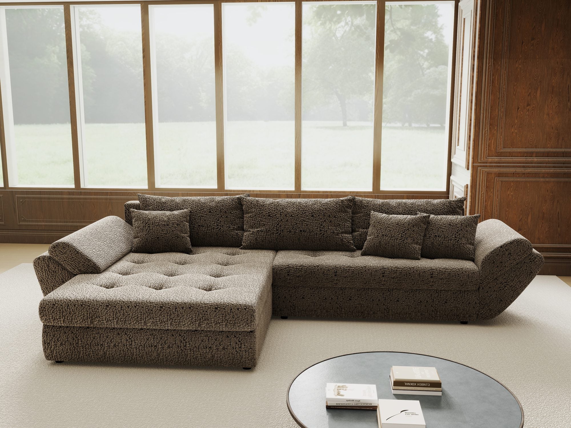 Colțar extensibil dumonde cu ladă de depozitare si sezut confortabil din spuma high-density, Loana Jaguar Maro  cappuccino 270x185 cm