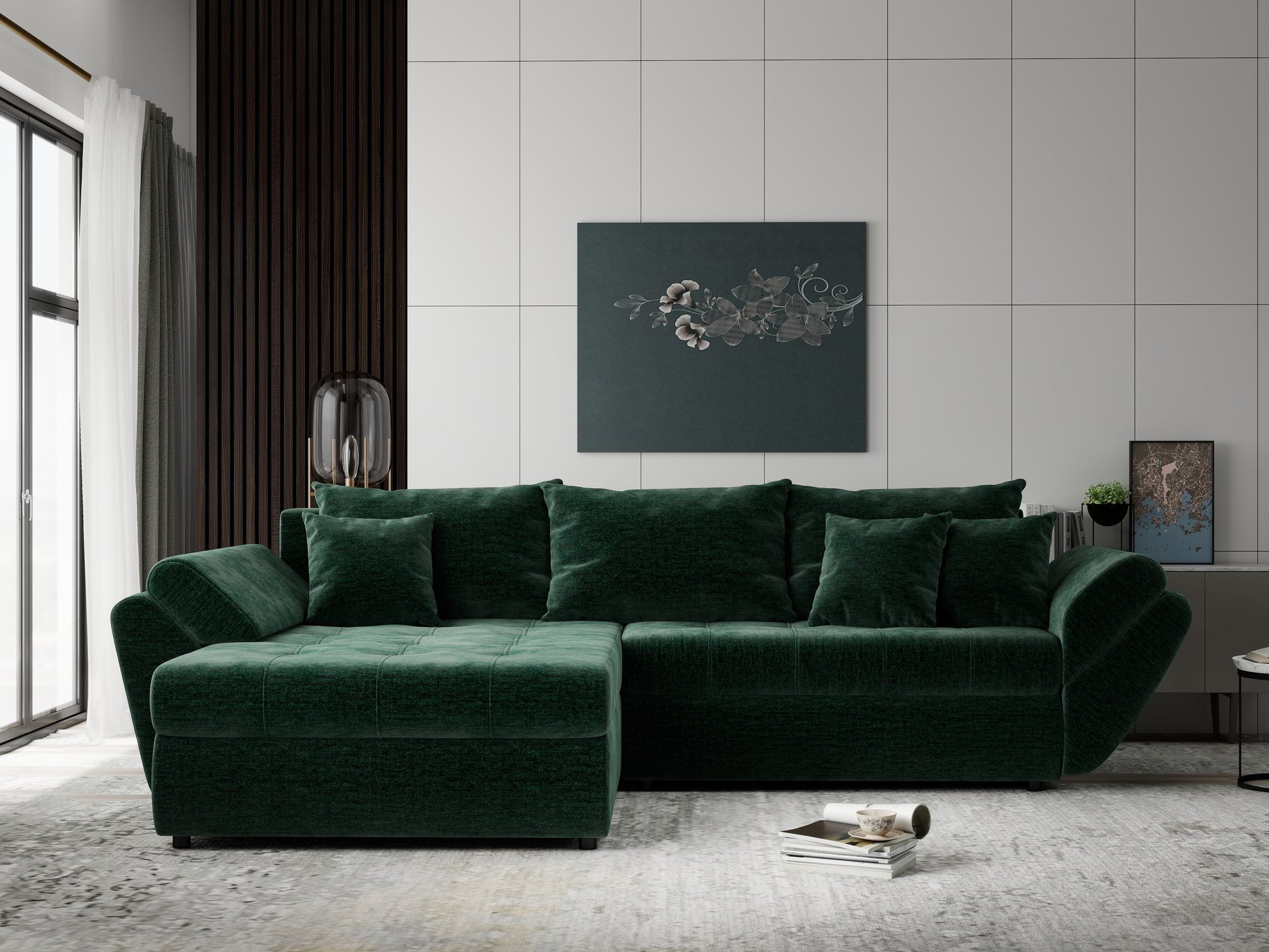 Colțar extensibil dumonde cu ladă de depozitare si sezut confortabil din spuma high-density, Loana Monolith Verde 270x185 cm
