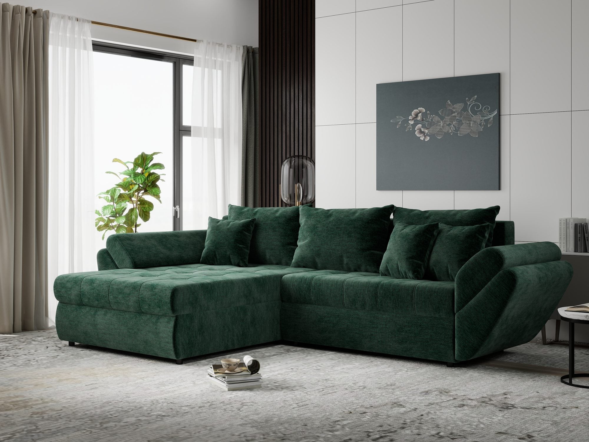 Colțar extensibil dumonde cu ladă de depozitare si sezut confortabil din spuma high-density, Loana Monolith Verde 270x185 cm