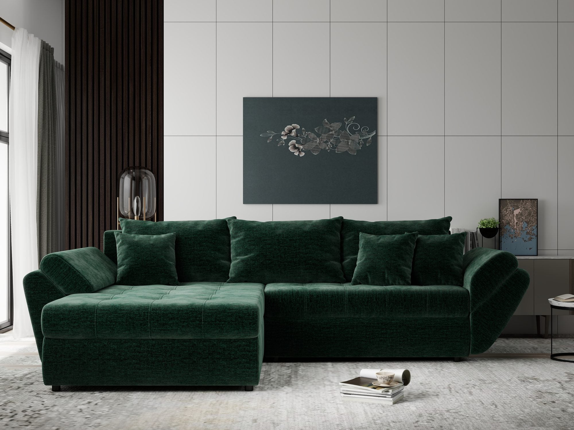 Colțar extensibil dumonde cu ladă de depozitare si sezut confortabil din spuma high-density, Loana Monolith Verde 270x185 cm
