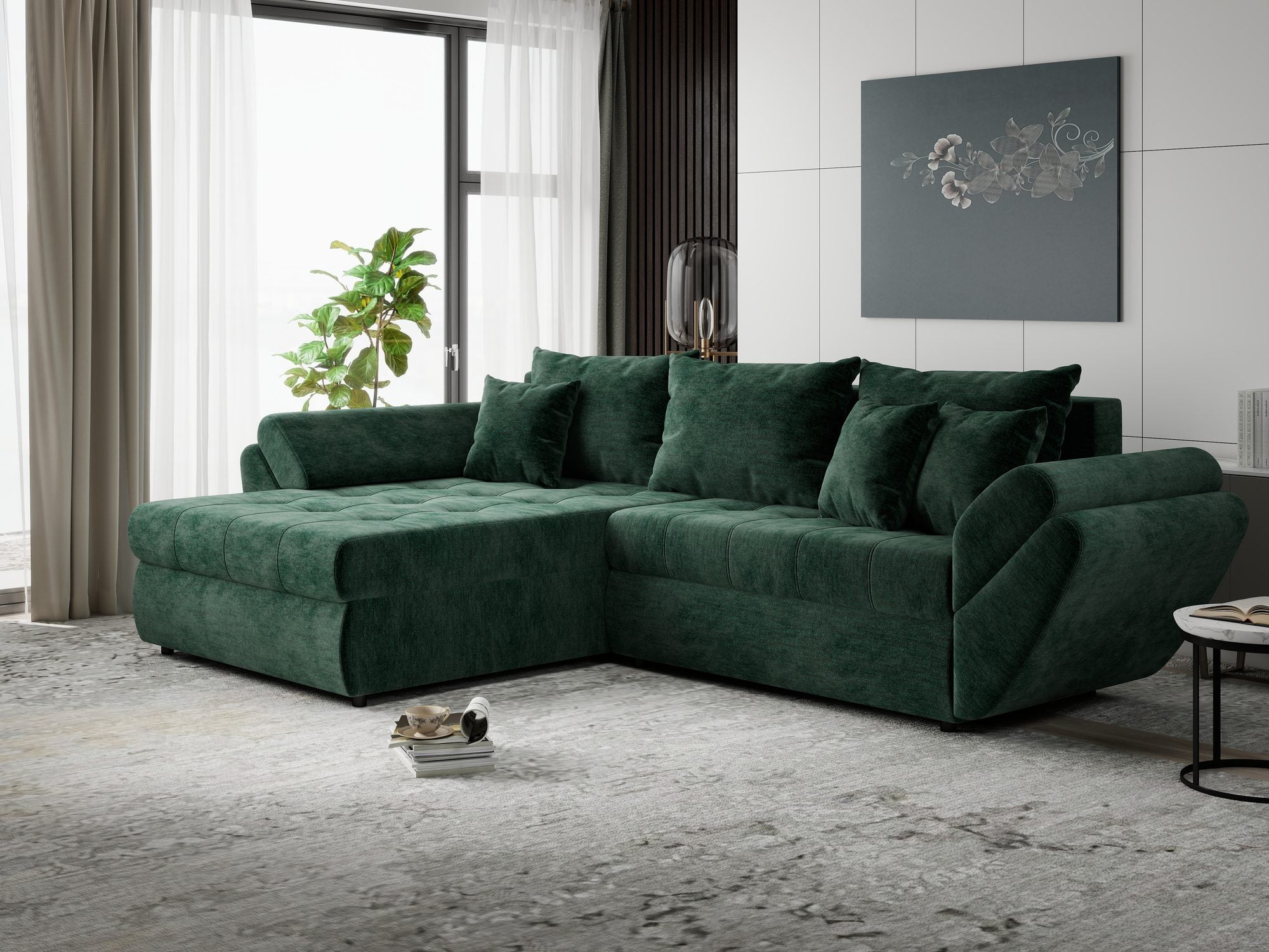 Colțar extensibil dumonde cu ladă de depozitare si sezut confortabil din spuma high-density, Loana Monolith Verde 270x185 cm