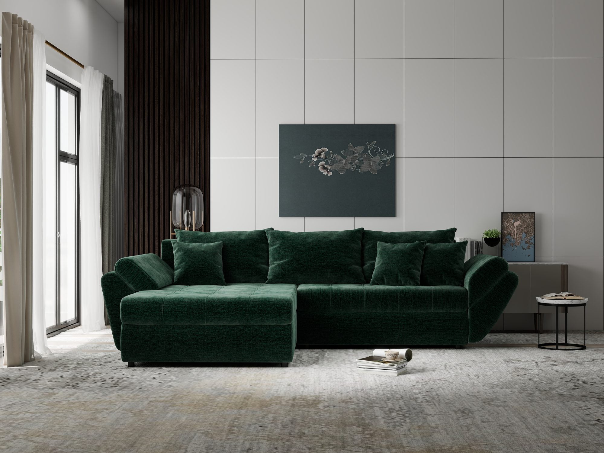 Colțar extensibil dumonde cu ladă de depozitare si sezut confortabil din spuma high-density, Loana Monolith Verde 270x185 cm