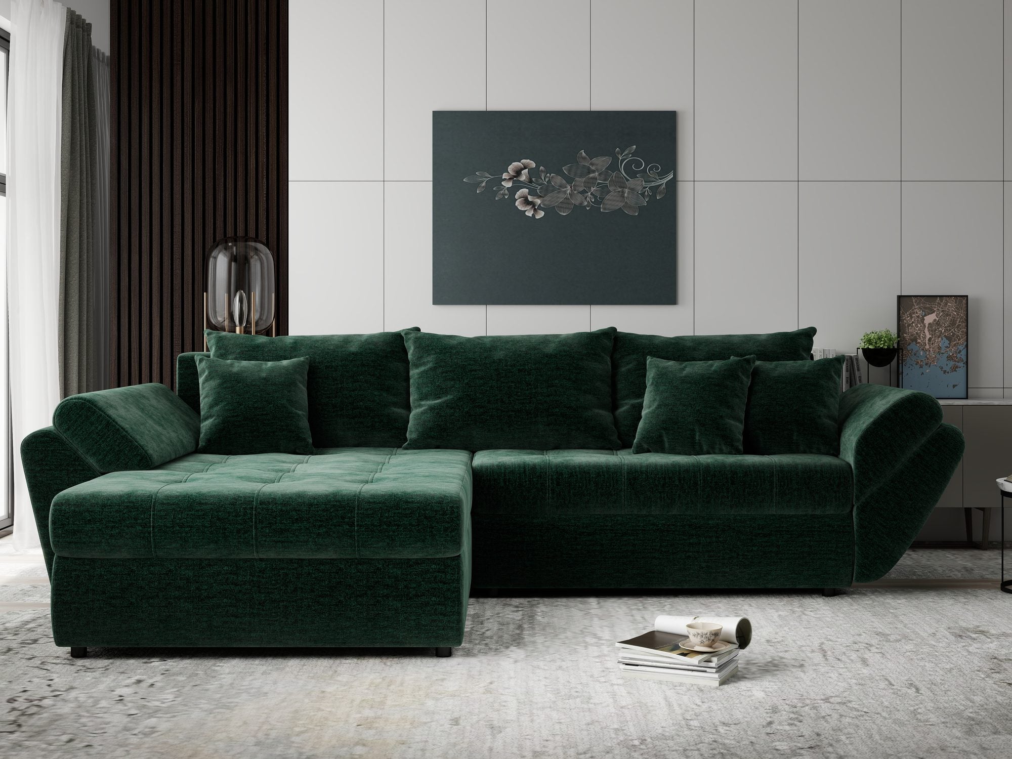 Colțar extensibil dumonde cu ladă de depozitare si sezut confortabil din spuma high-density, Loana Monolith Verde 270x185 cm