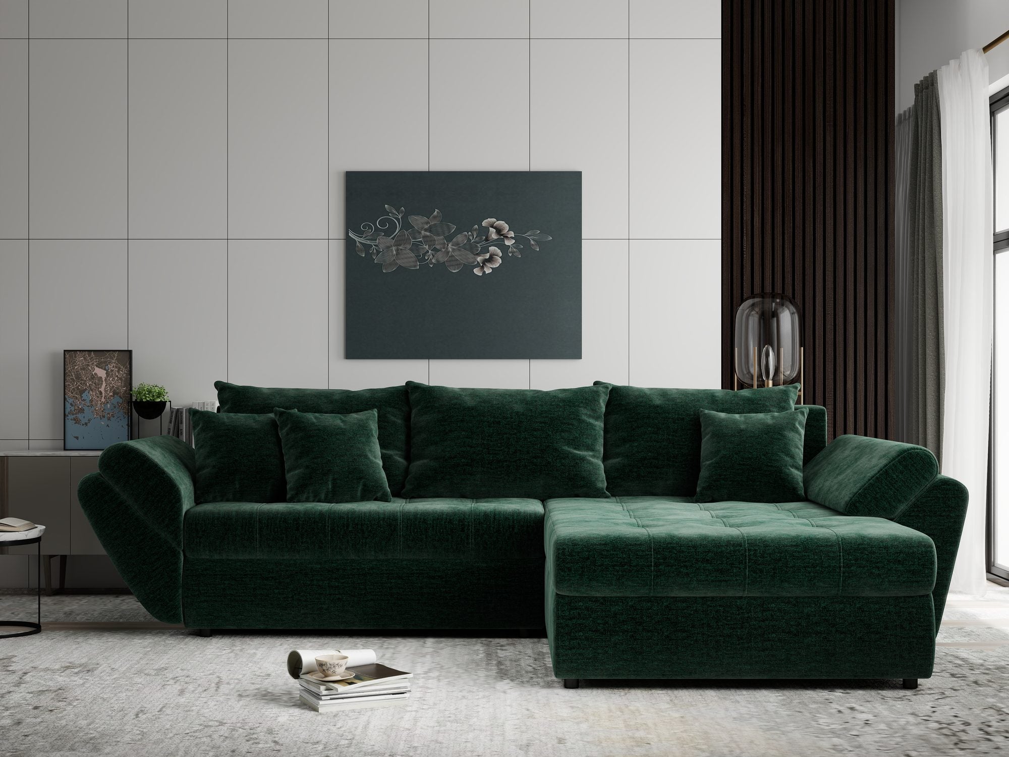 Colțar extensibil dumonde cu ladă de depozitare si sezut confortabil din spuma high-density, Loana Monolith Verde II 270x185 cm