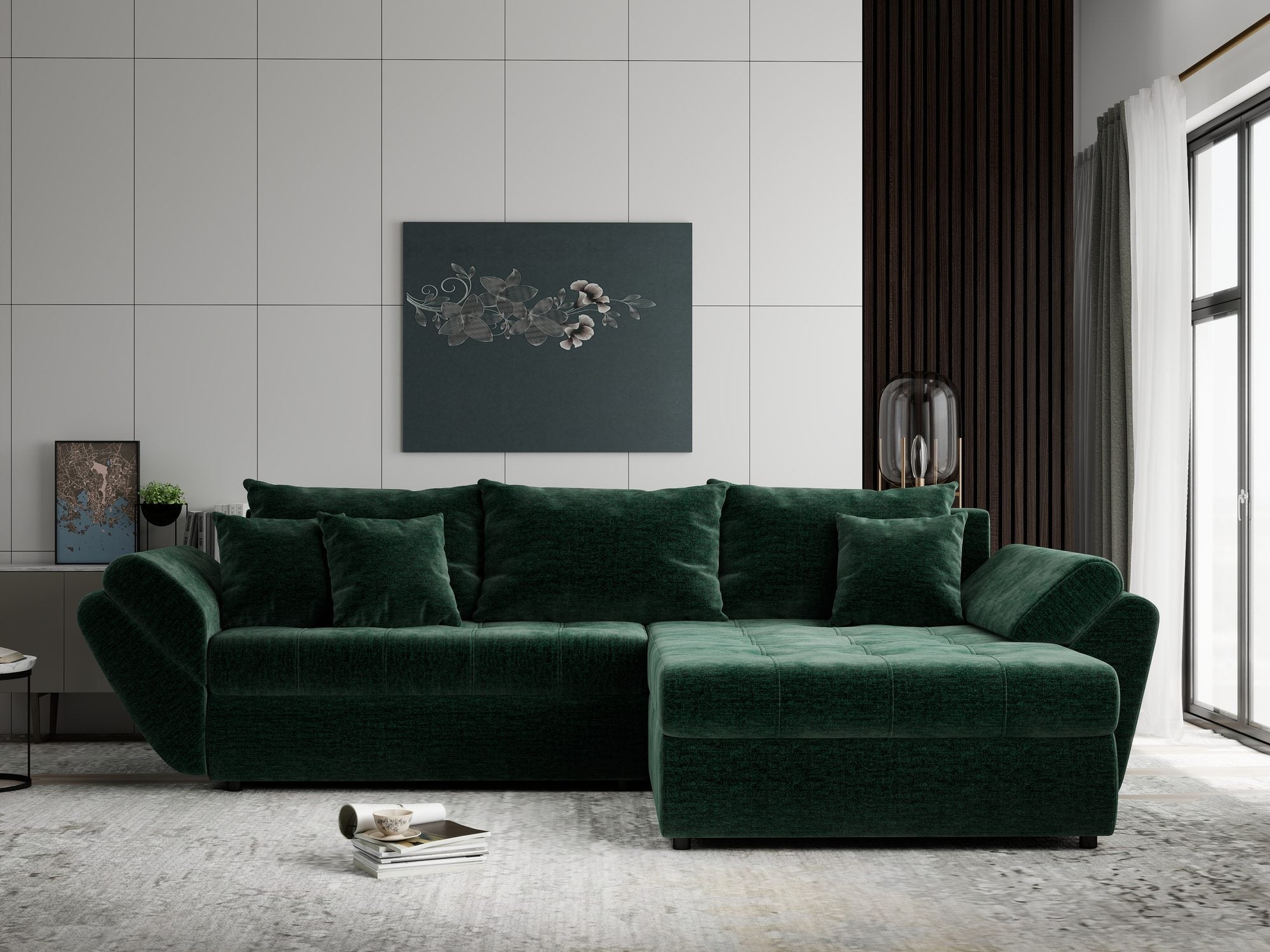 Colțar extensibil dumonde cu ladă de depozitare si sezut confortabil din spuma high-density, Loana Monolith Verde II 270x185 cm